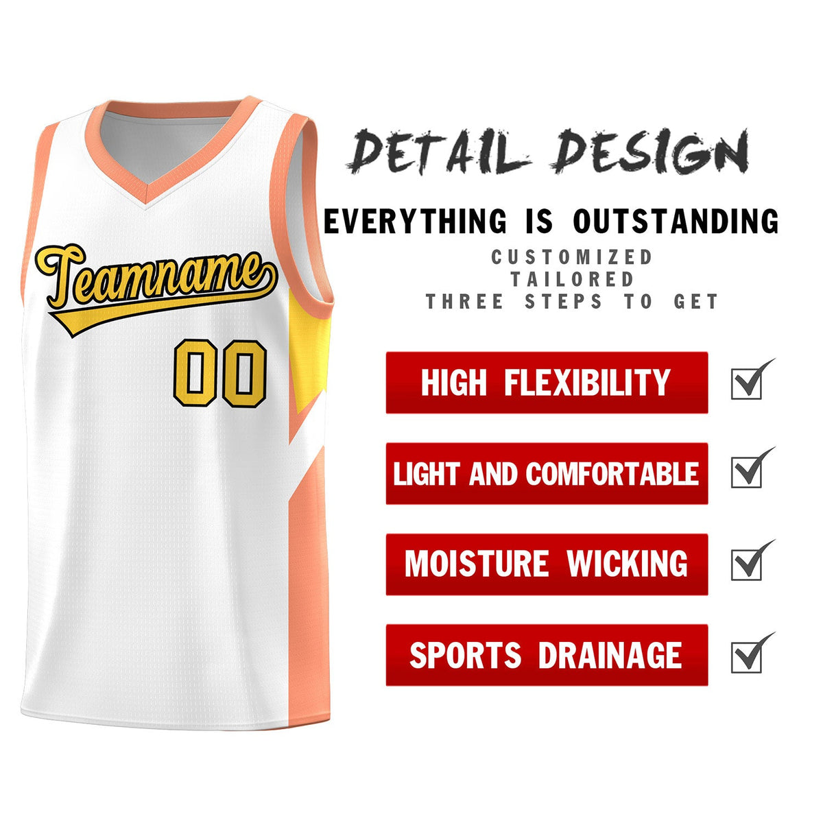 Custom White Orange Side Design Sets Sports Uniform Basketball Jersey