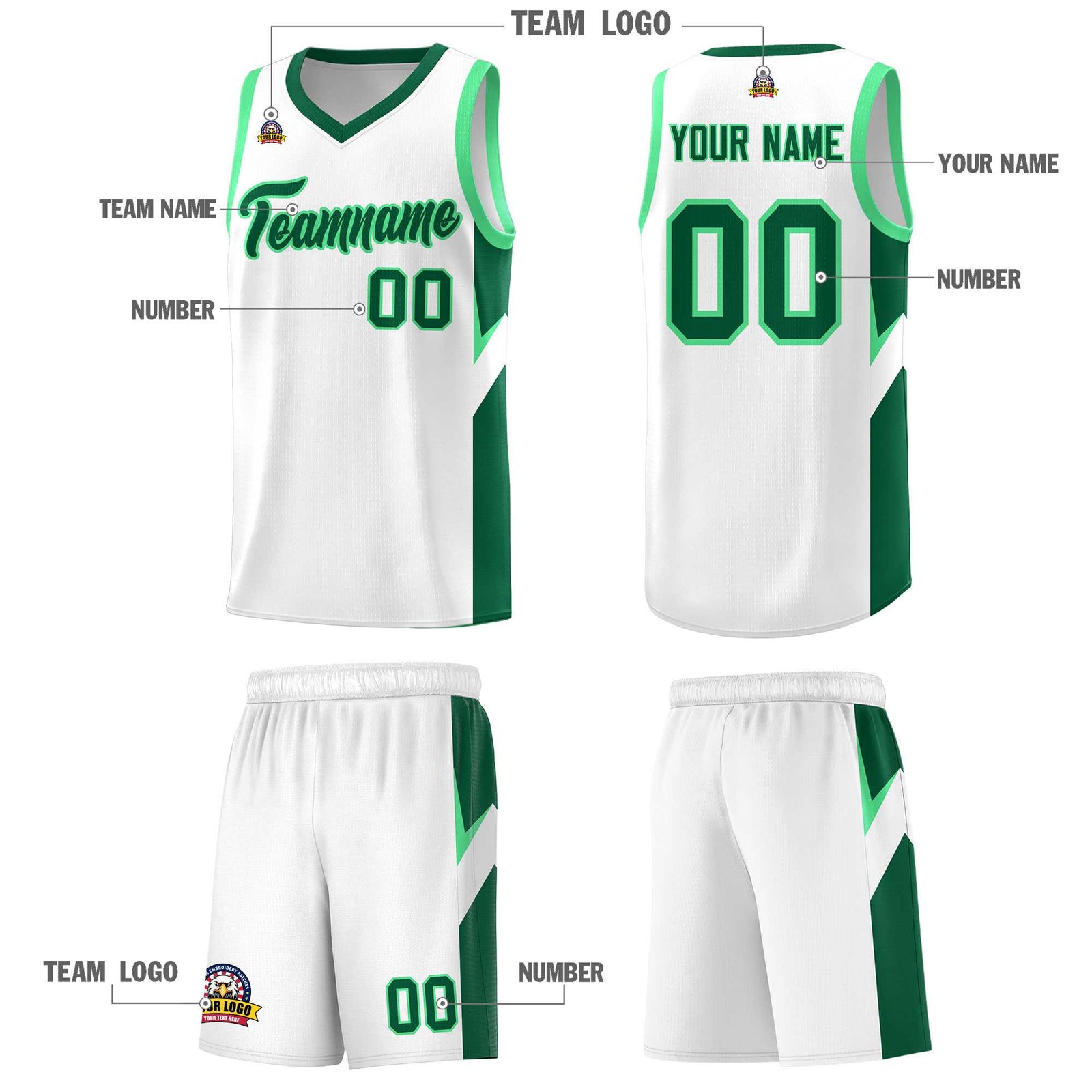 Custom White Kelly Green Side Design Sets Sports Uniform Basketball Jersey