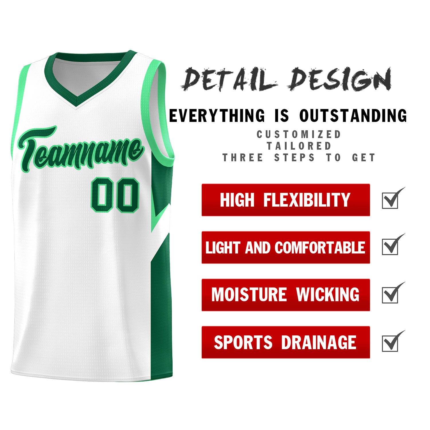 Custom White Kelly Green Side Design Sets Sports Uniform Basketball Jersey