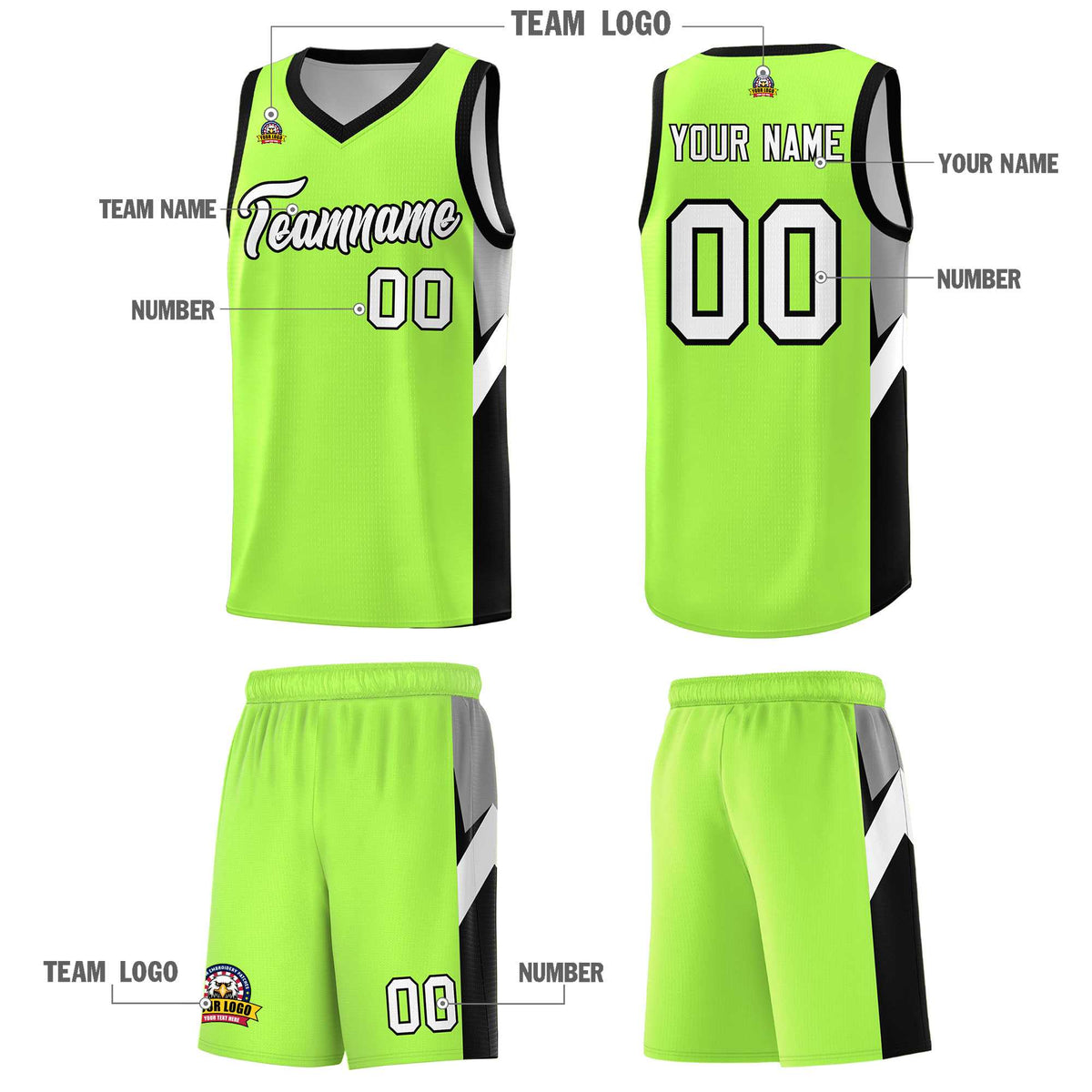 Custom Fluorescent Green Black Side Design Sets Sports Uniform Basketball Jersey