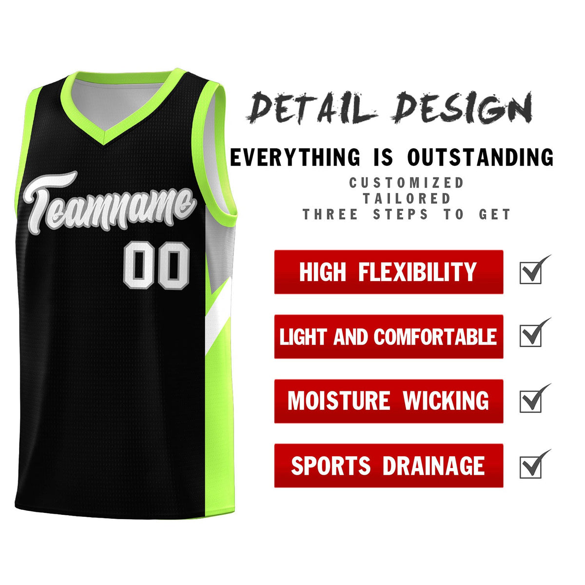 Custom Black Fluorescent Green Side Design Sets Sports Uniform Basketball Jersey