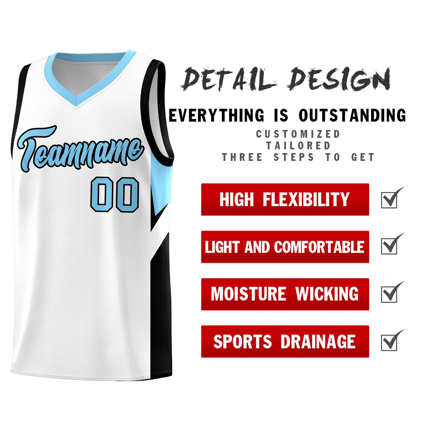 Custom White Light Blue Side Design Sets Sports Uniform Basketball Jersey