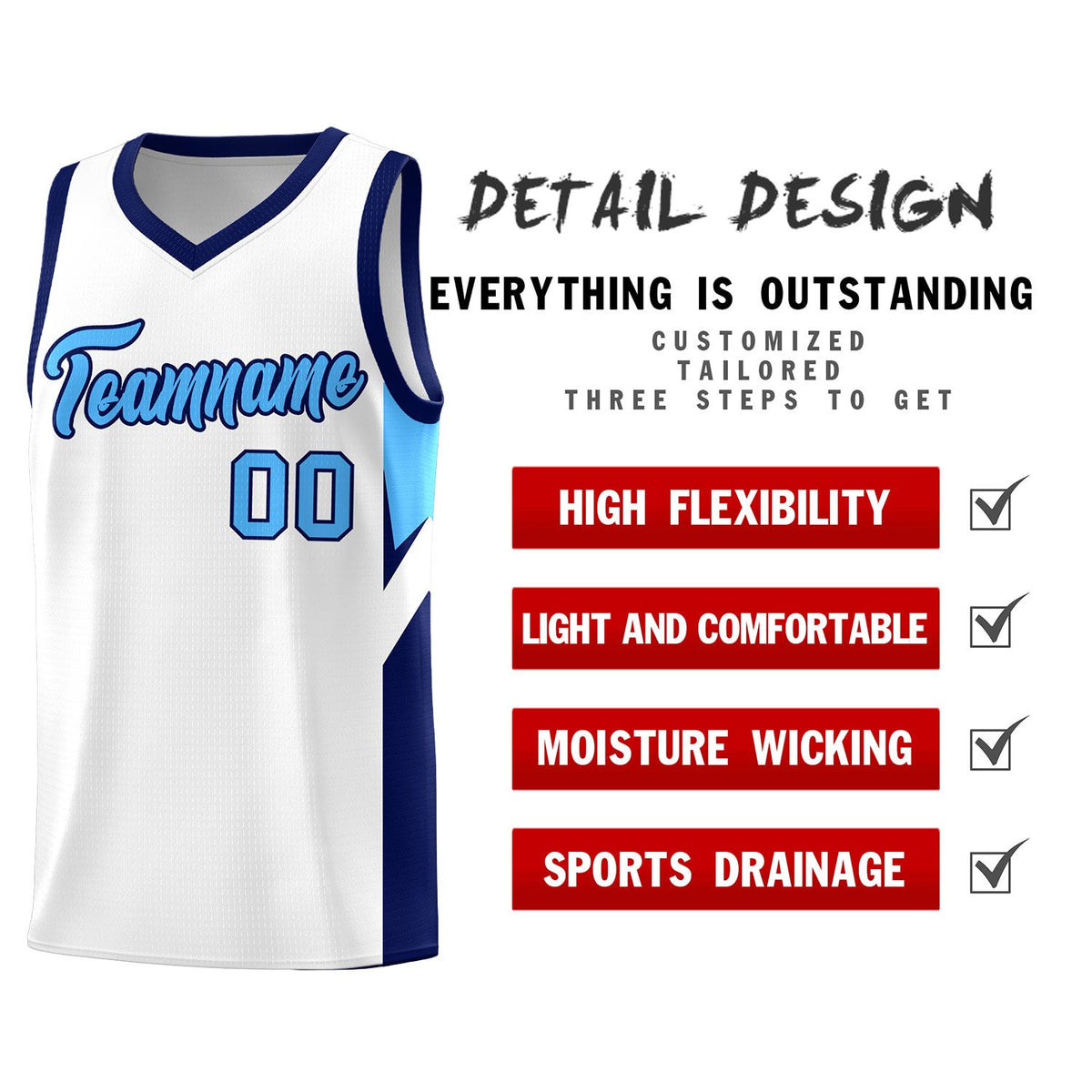 Custom White Navy Side Design Sets Sports Uniform Basketball Jersey