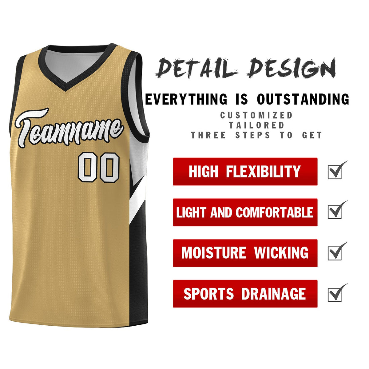 Custom Old Gold Black Side Design Sets Sports Uniform Basketball Jersey