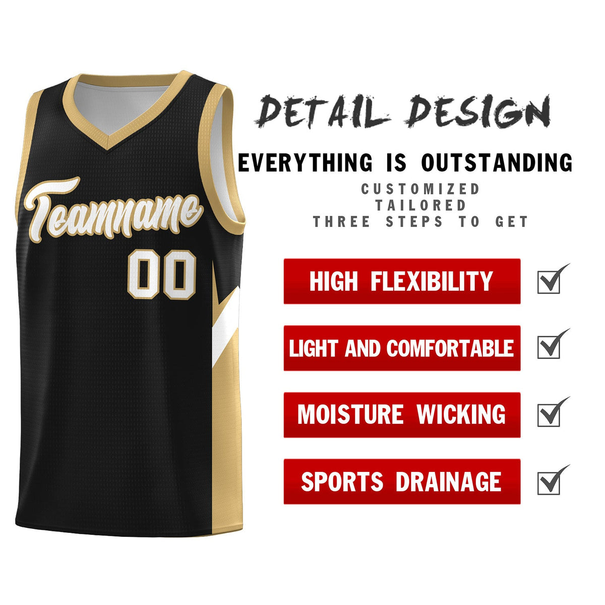 Custom Black Old Gold Side Design Sets Sports Uniform Basketball Jersey