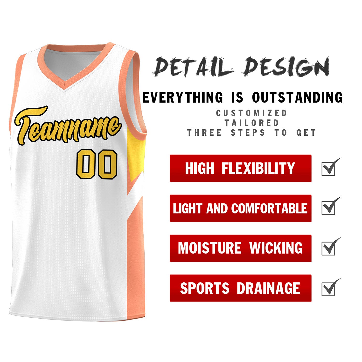 Custom White Orange Side Design Sets Sports Uniform Basketball Jersey