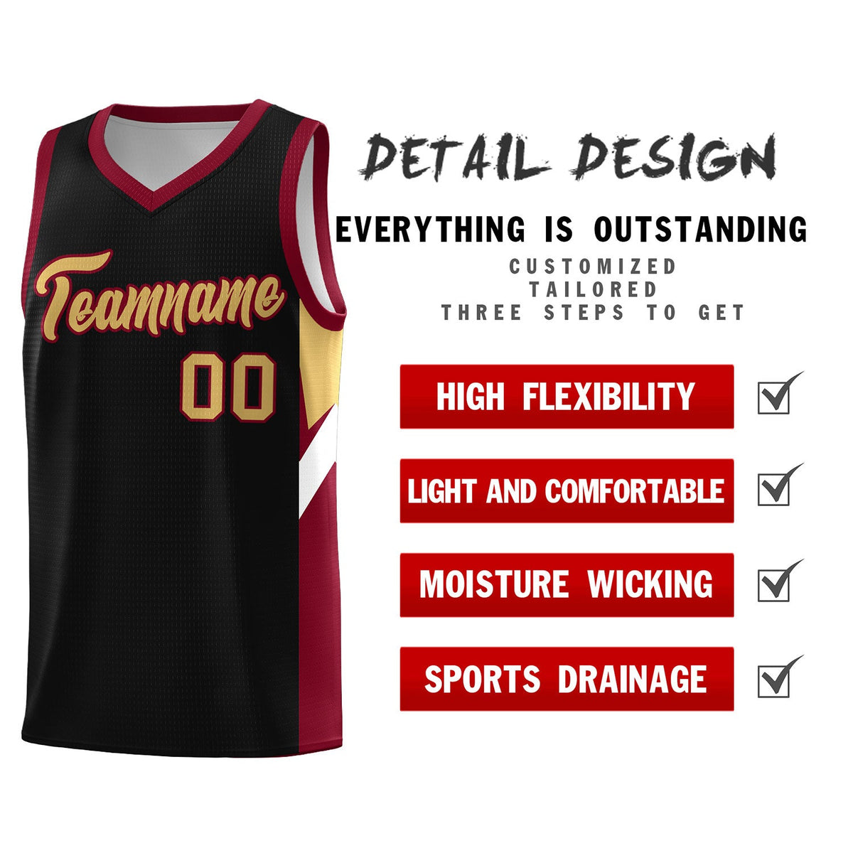 Custom Black Crimson Side Design Sets Sports Uniform Basketball Jersey