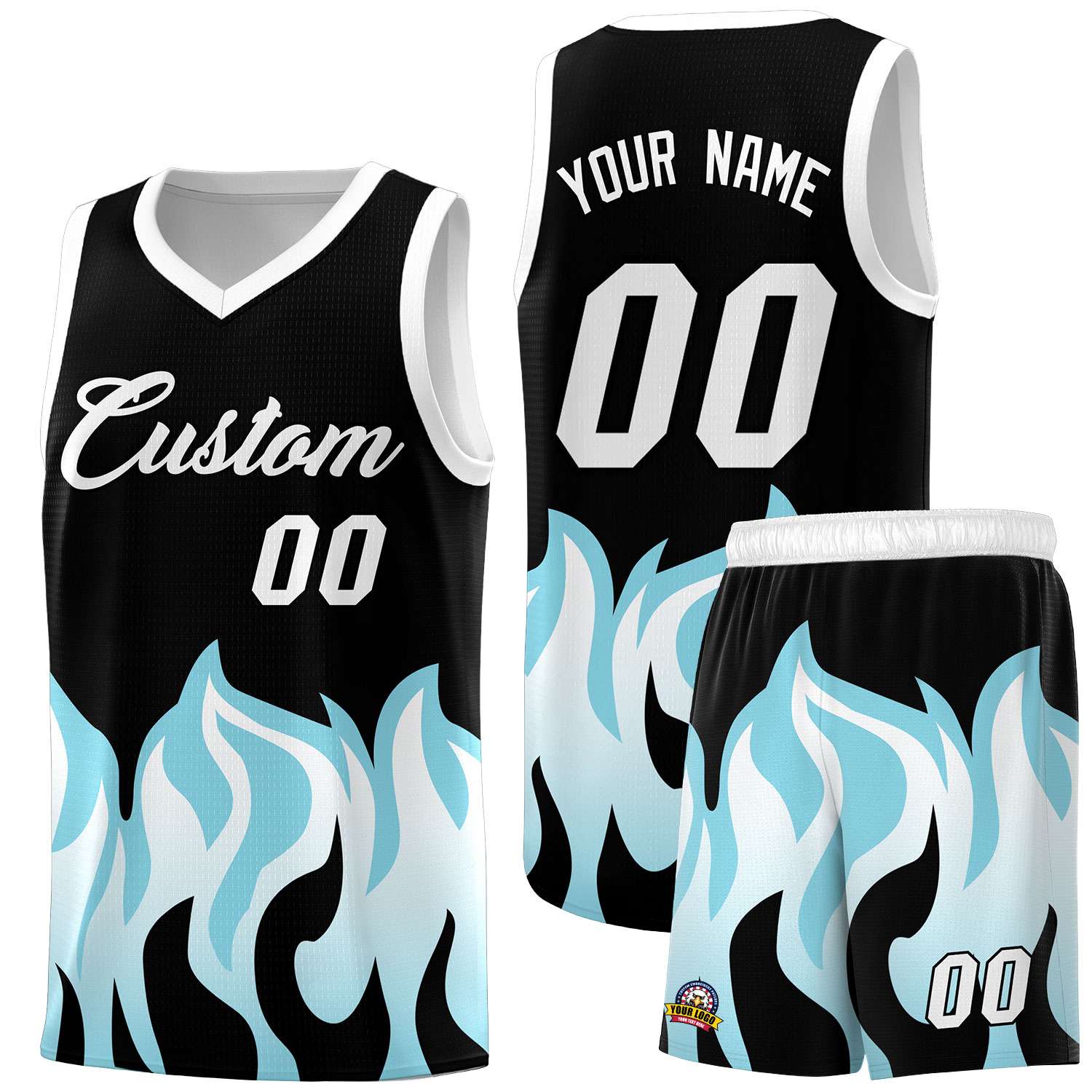 Custom Black Sky Blue Hem Flame Pattern Fashion Sports Uniform Basketball jersey
