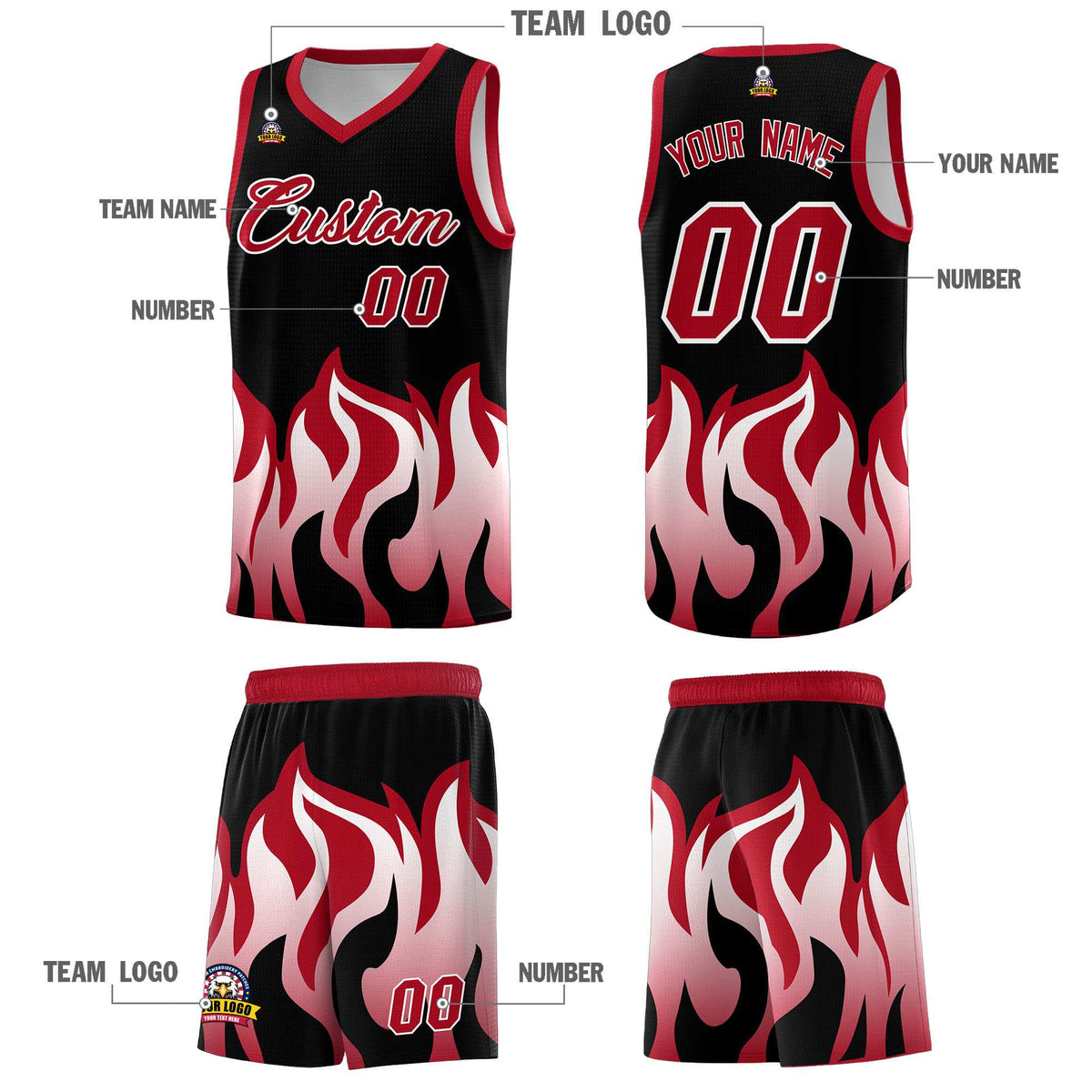 Custom Black Red Hem Flame Pattern Fashion Sports Uniform Basketball jersey