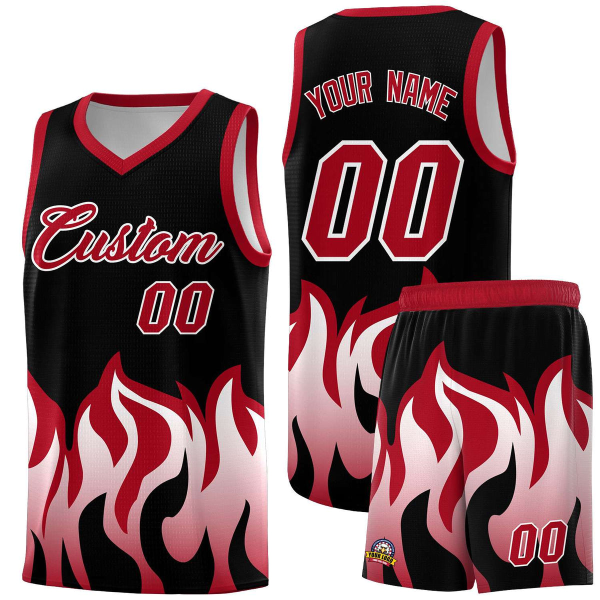 Custom Black Red Hem Flame Pattern Fashion Sports Uniform Basketball jersey