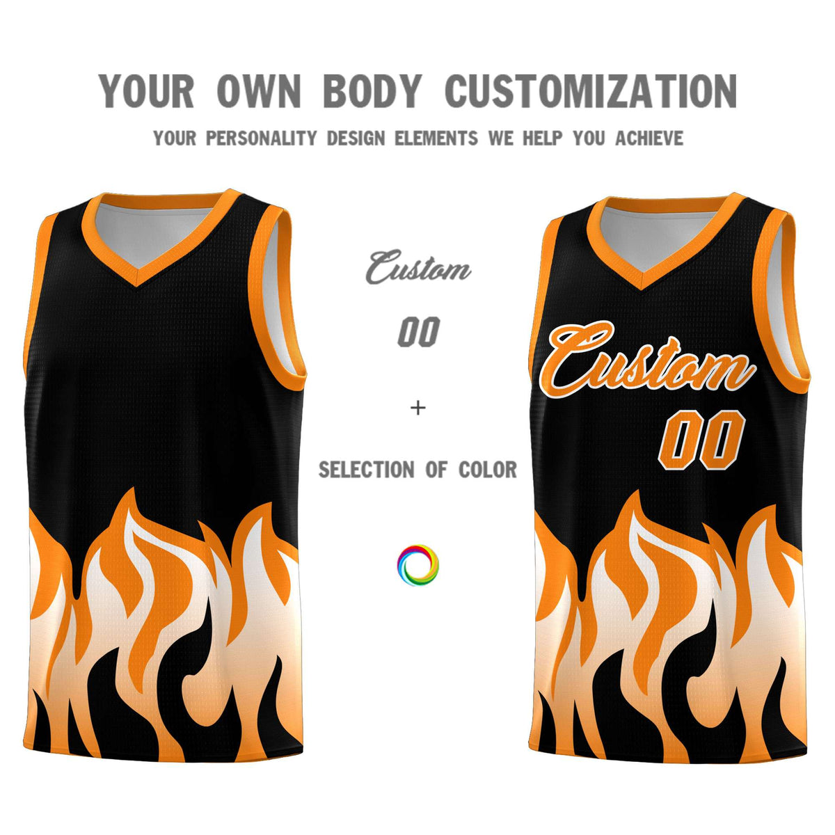 Custom Black Orange Hem Flame Pattern Fashion Sports Uniform Basketball jersey