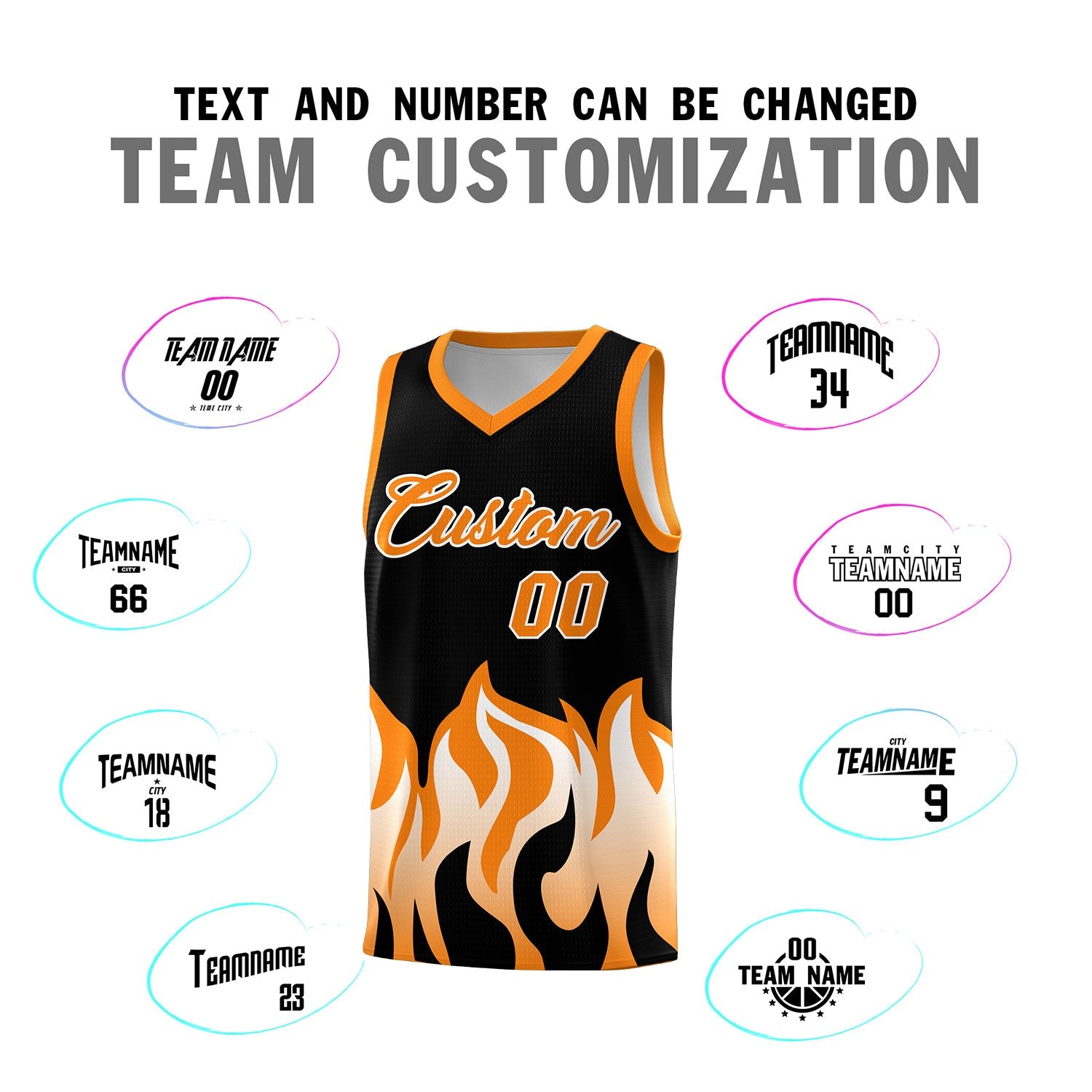 Custom Black Orange Hem Flame Pattern Fashion Sports Uniform Basketball jersey