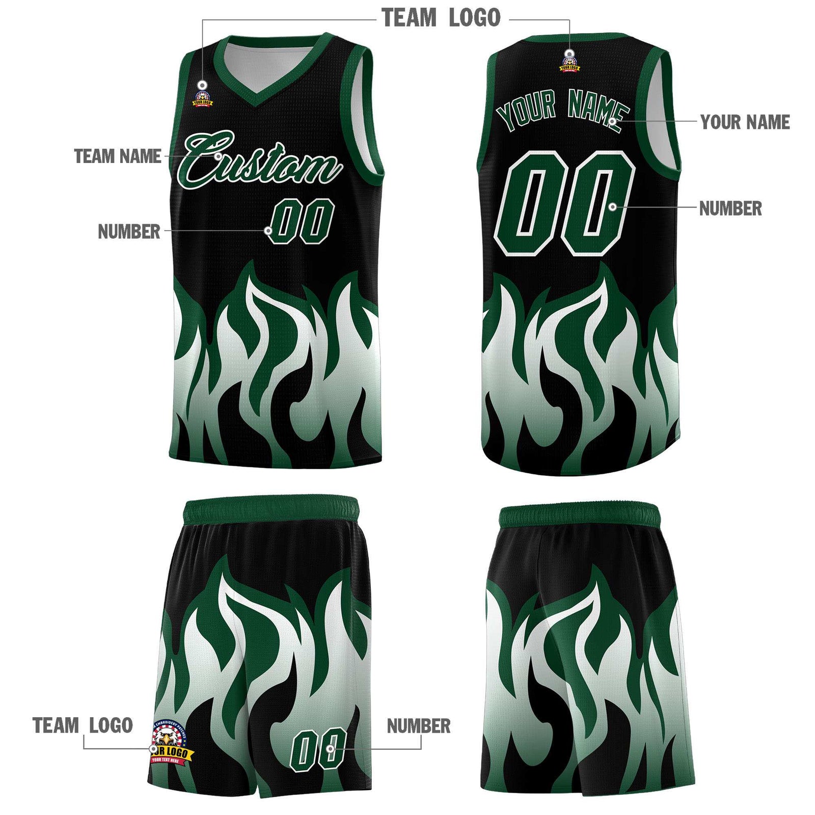 Custom Black Hunter Green Hem Flame Pattern Fashion Sports Uniform Basketball jersey