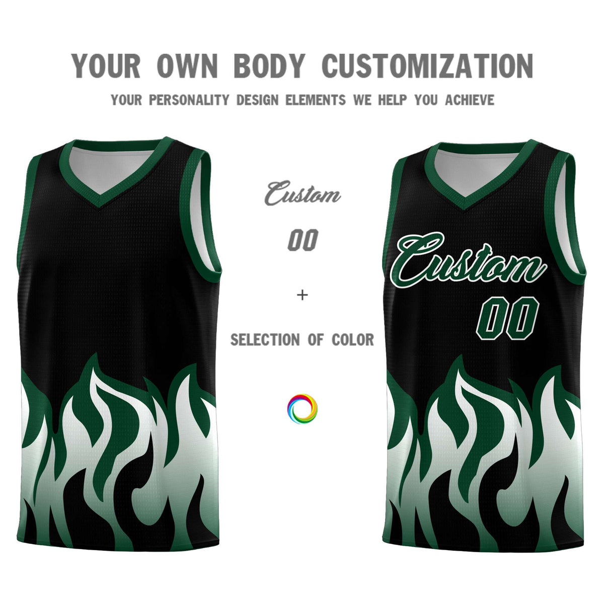 Custom Black Hunter Green Hem Flame Pattern Fashion Sports Uniform Basketball jersey