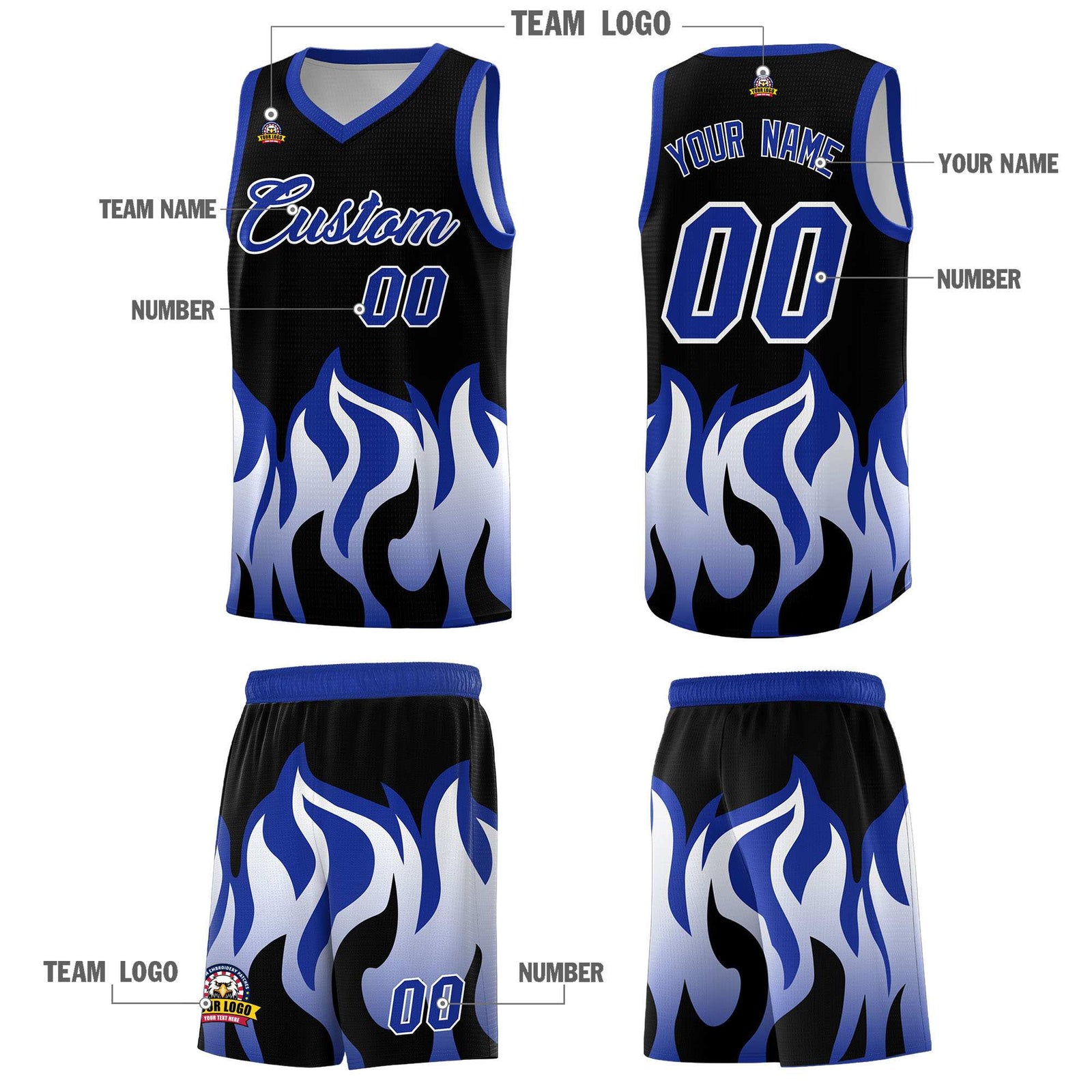 Custom Black Royal Hem Flame Pattern Fashion Sports Uniform Basketball jersey
