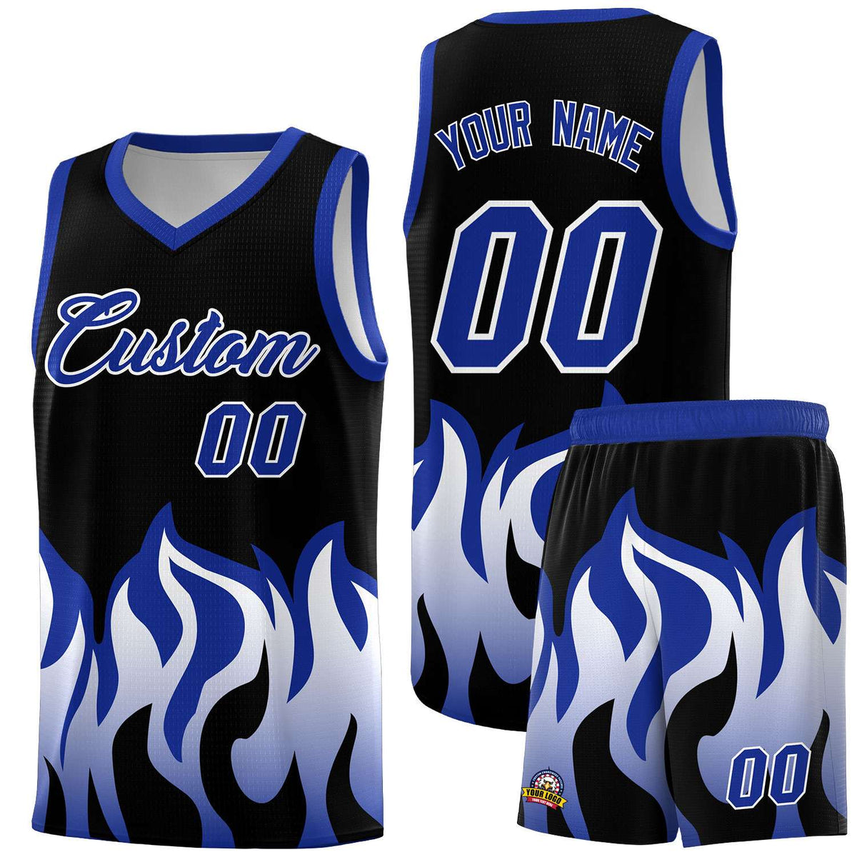 Custom Black Royal Hem Flame Pattern Fashion Sports Uniform Basketball jersey