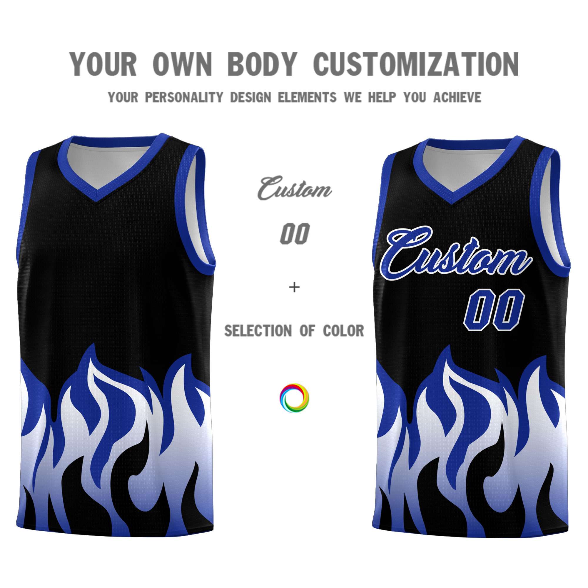 Custom Black Royal Hem Flame Pattern Fashion Sports Uniform Basketball jersey