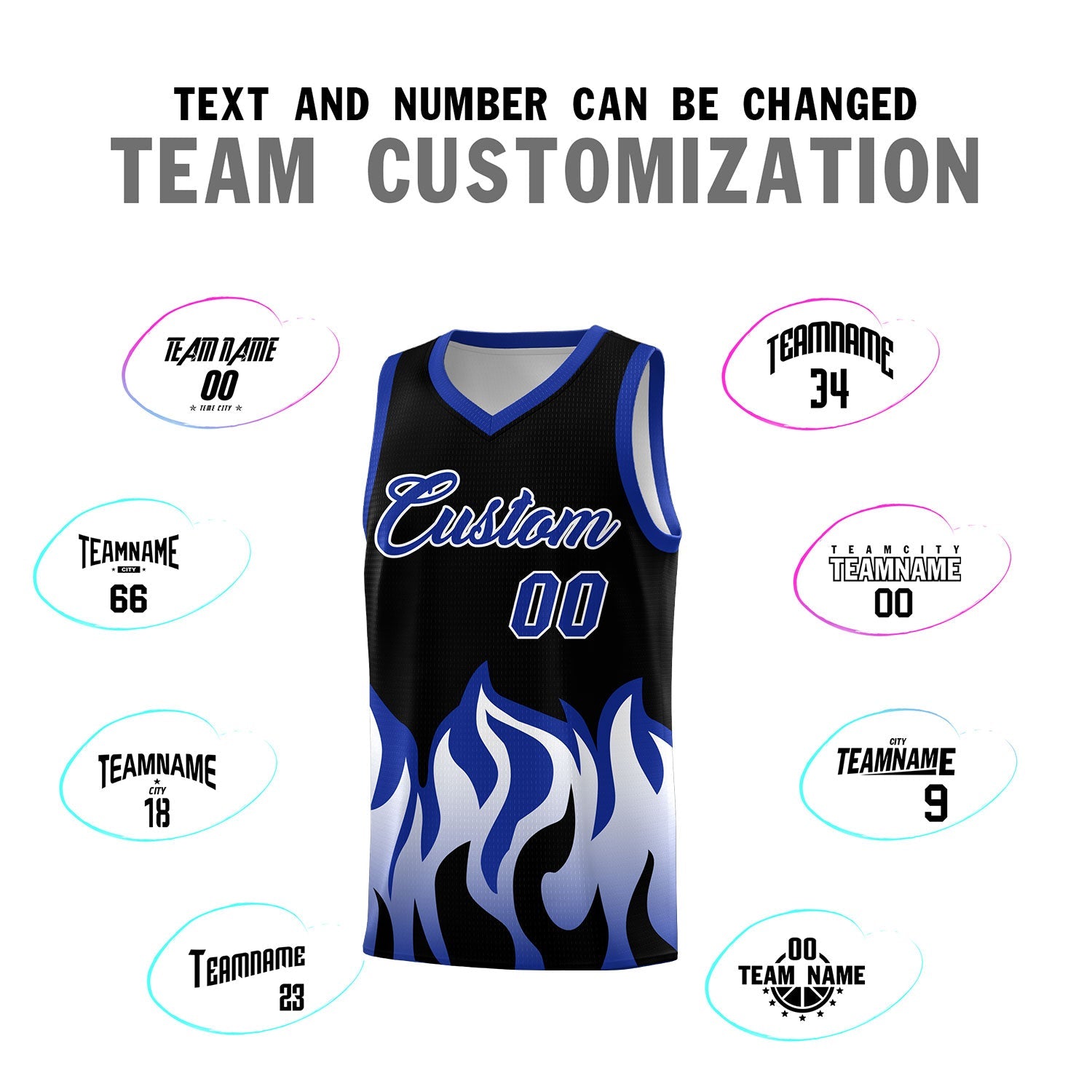 Custom Black Royal Hem Flame Pattern Fashion Sports Uniform Basketball jersey