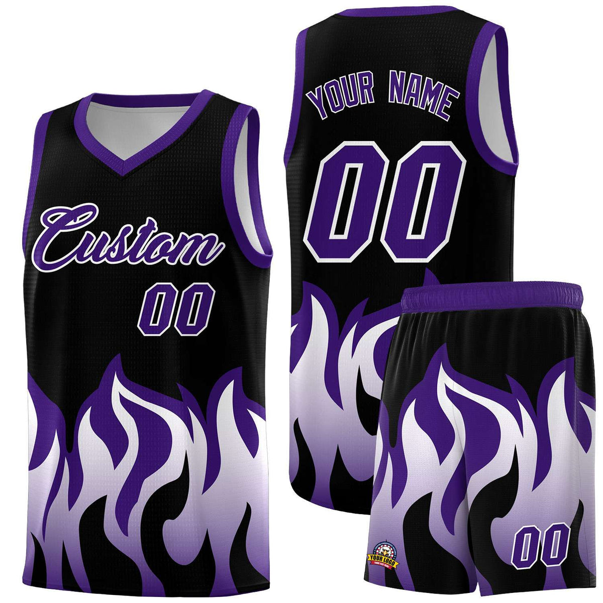 Custom Black Purple Hem Flame Pattern Fashion Sports Uniform Basketball jersey