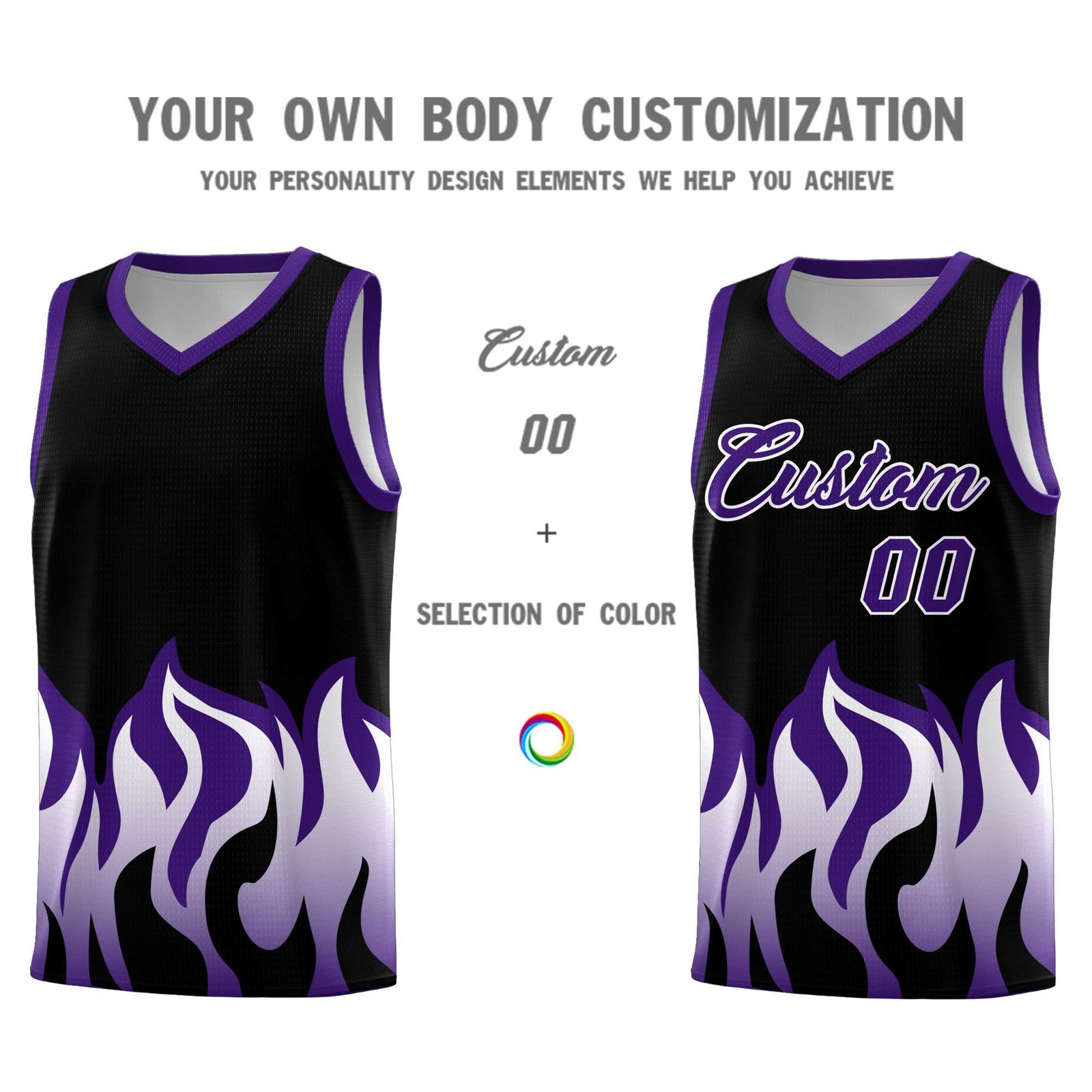 Custom Black Purple Hem Flame Pattern Fashion Sports Uniform Basketball jersey