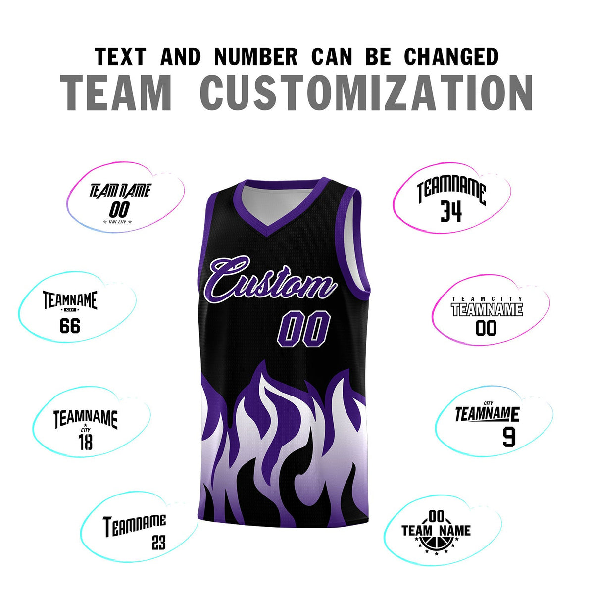 Custom Black Purple Hem Flame Pattern Fashion Sports Uniform Basketball jersey