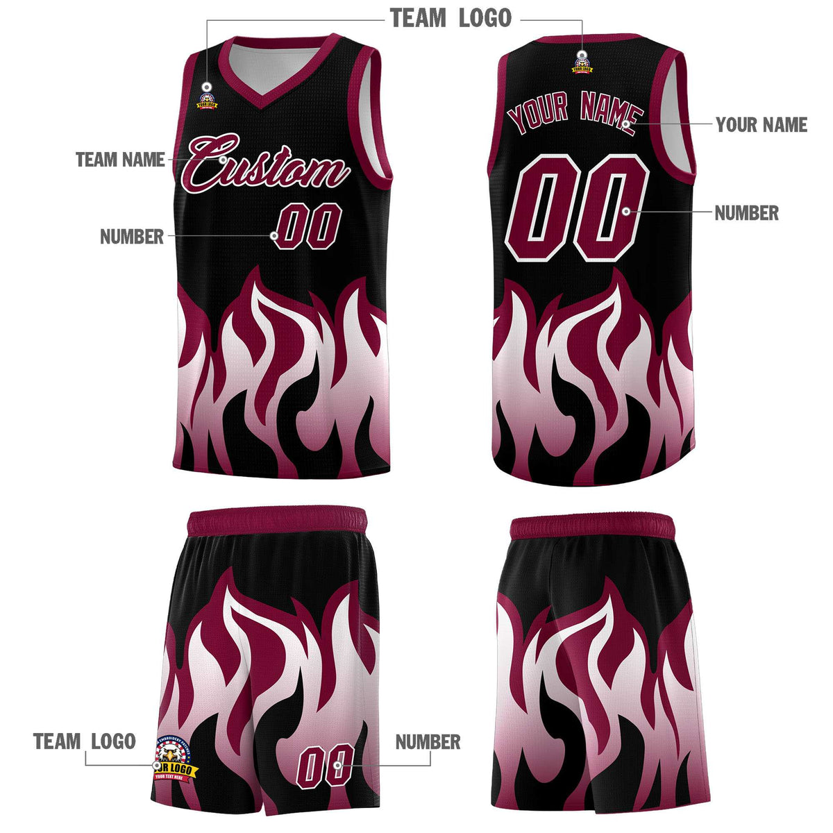 Custom Black Crimson Hem Flame Pattern Fashion Sports Uniform Basketball jersey