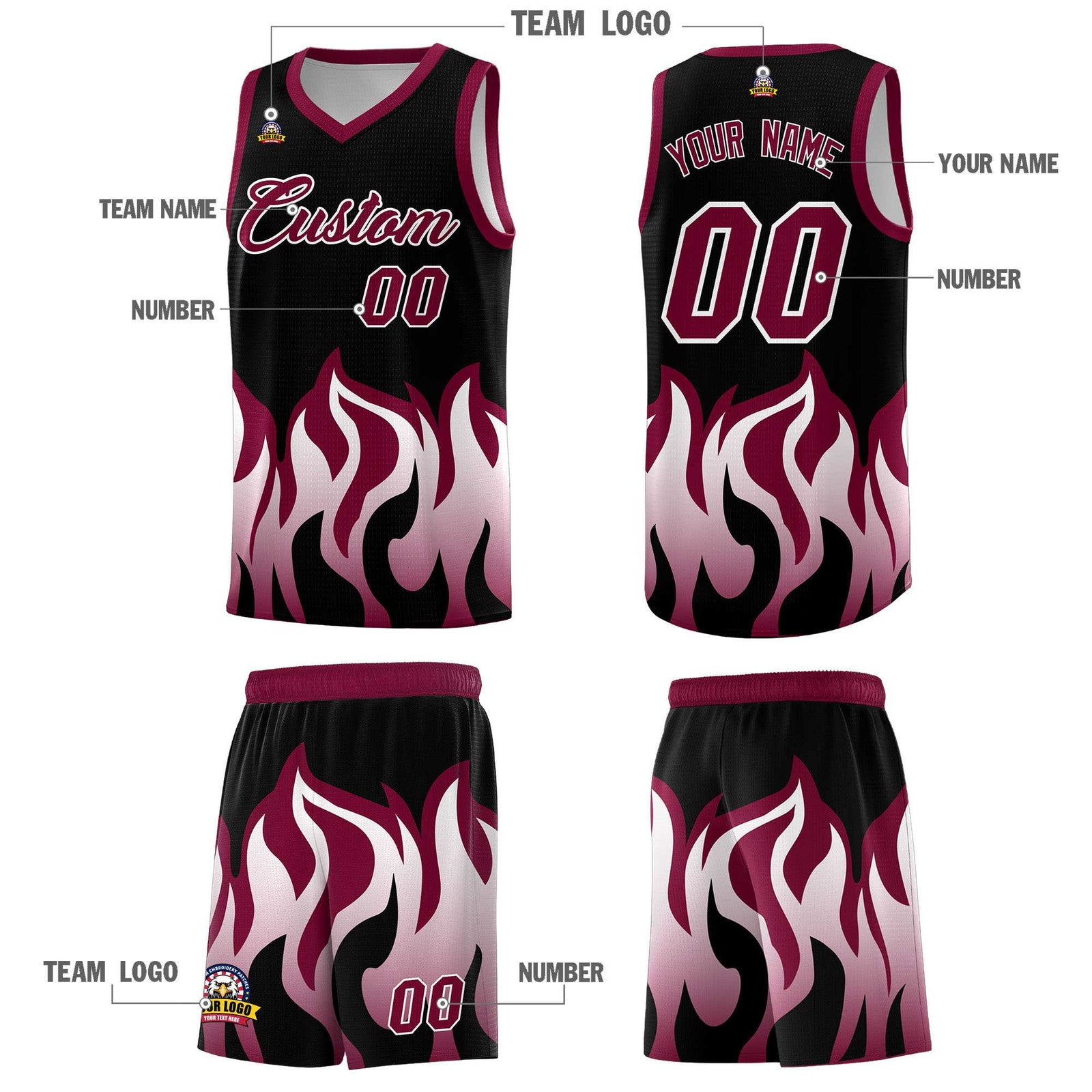 Custom Black Crimson Hem Flame Pattern Fashion Sports Uniform Basketball jersey