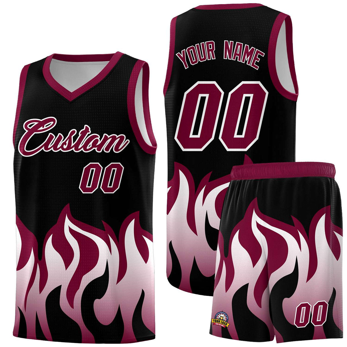 Custom Black Crimson Hem Flame Pattern Fashion Sports Uniform Basketball jersey
