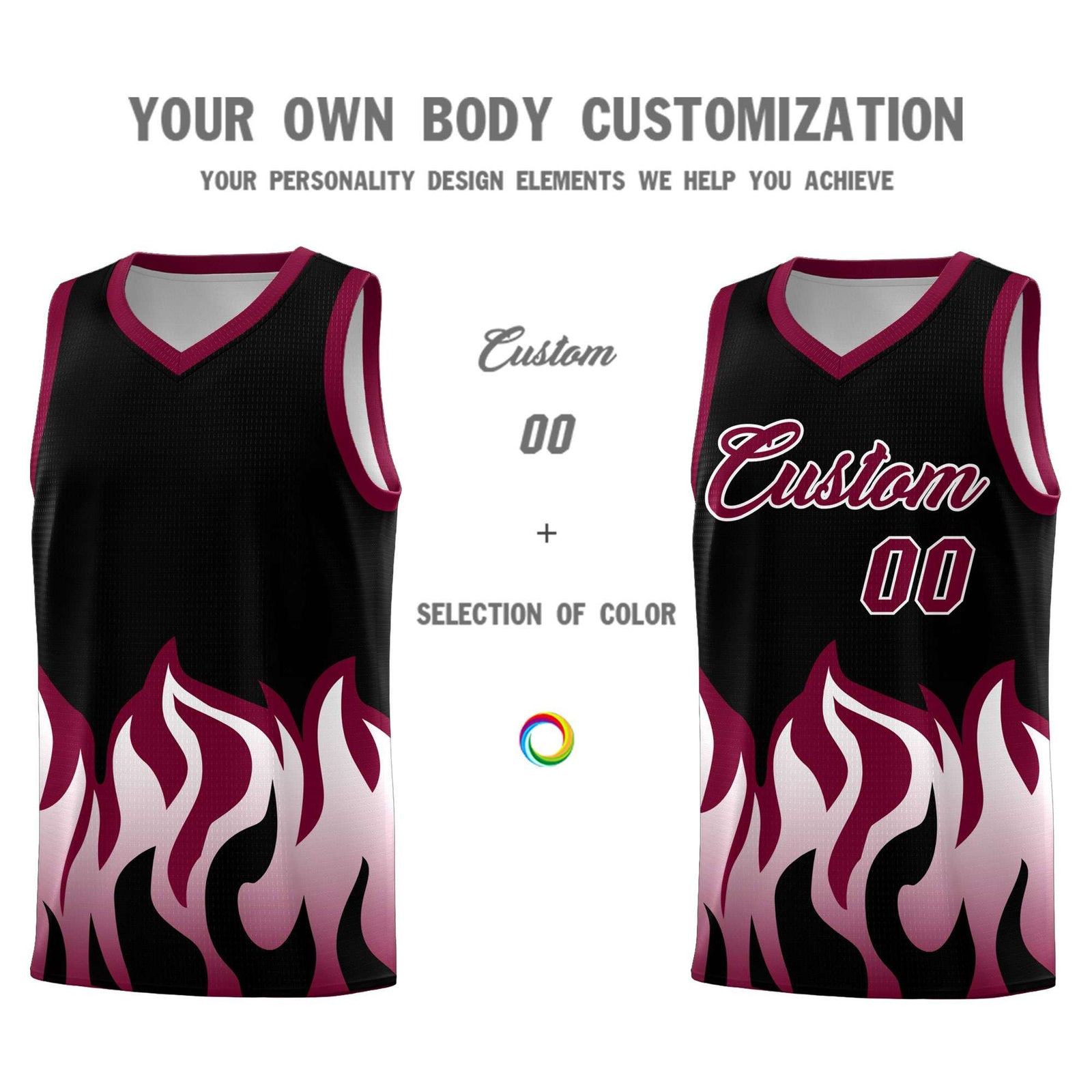 Custom Black Crimson Hem Flame Pattern Fashion Sports Uniform Basketball jersey