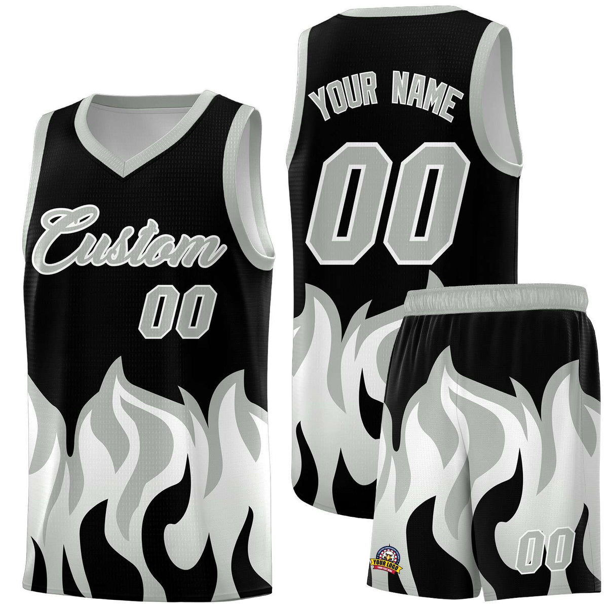 Custom Black Gray Hem Flame Pattern Fashion Sports Uniform Basketball jersey