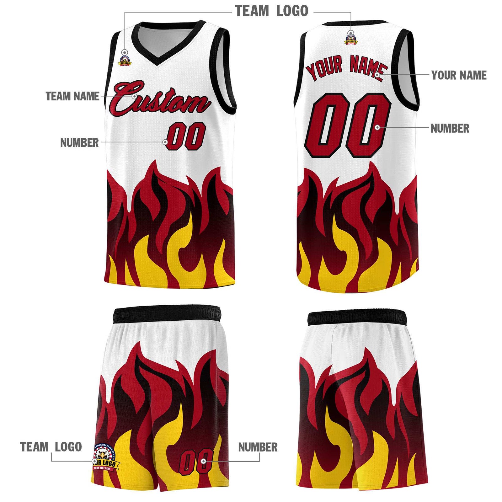 Custom White Red Hem Flame Pattern Fashion Sports Uniform Basketball jersey