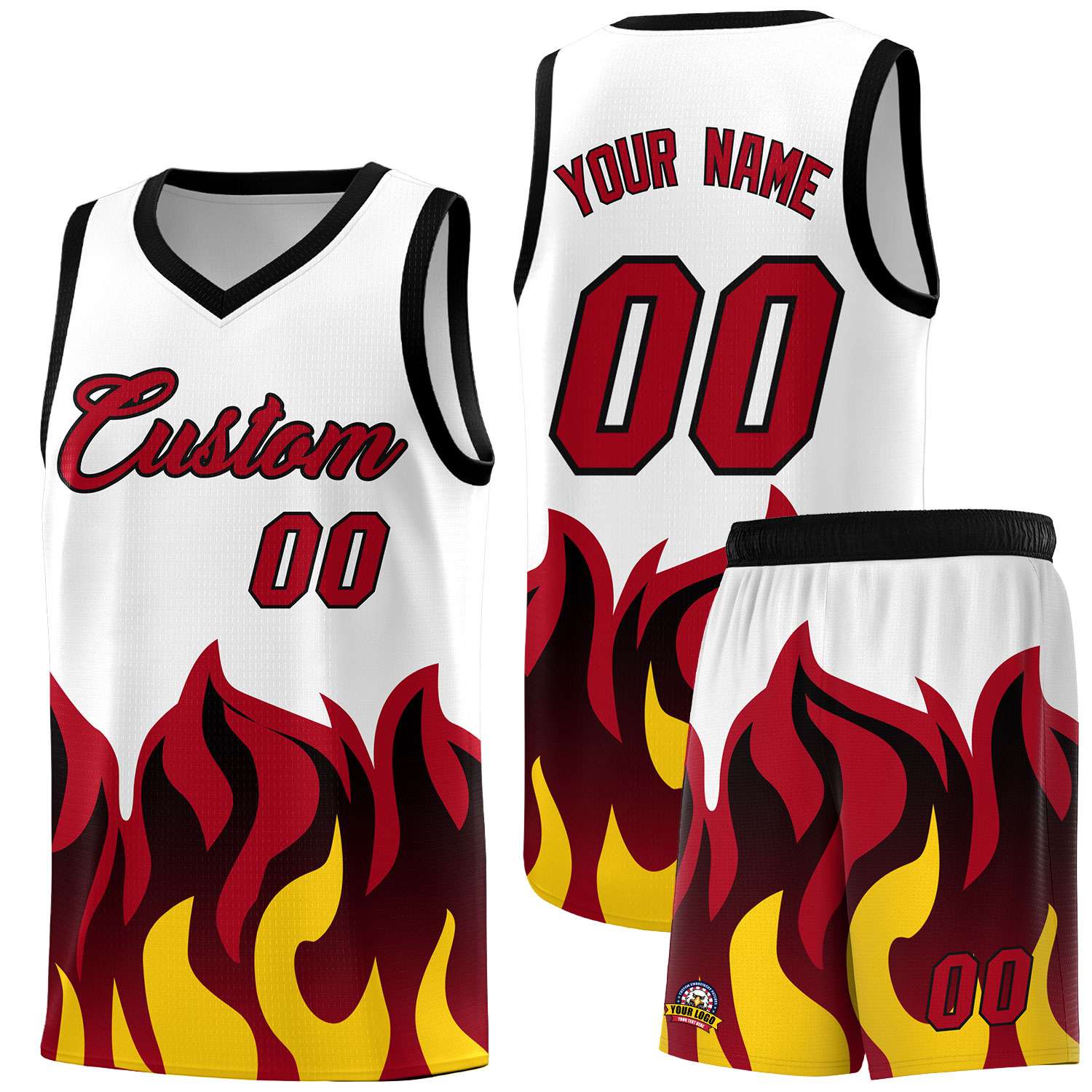 Custom White Red Hem Flame Pattern Fashion Sports Uniform Basketball jersey