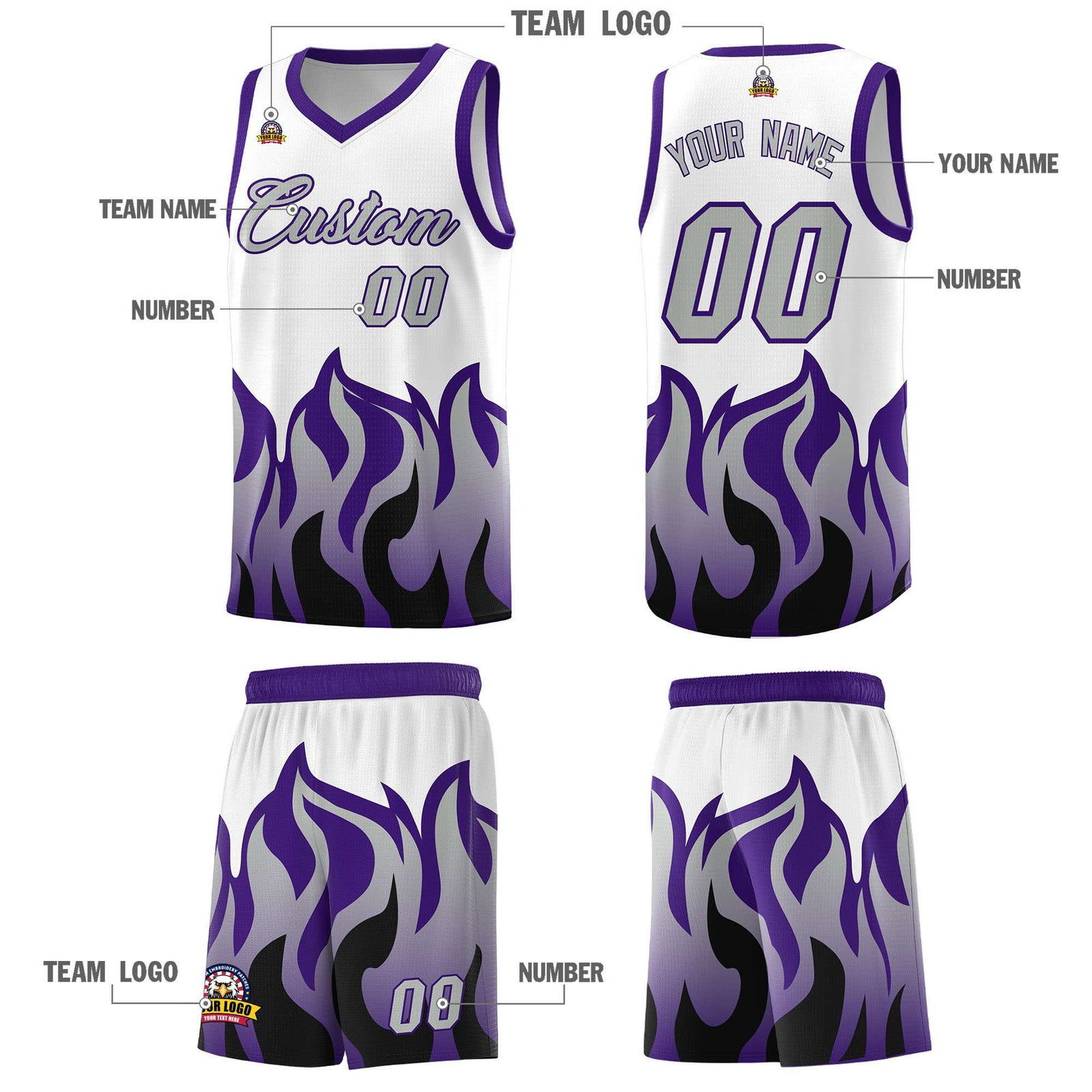 Custom White Purple Hem Flame Pattern Fashion Sports Uniform Basketball jersey