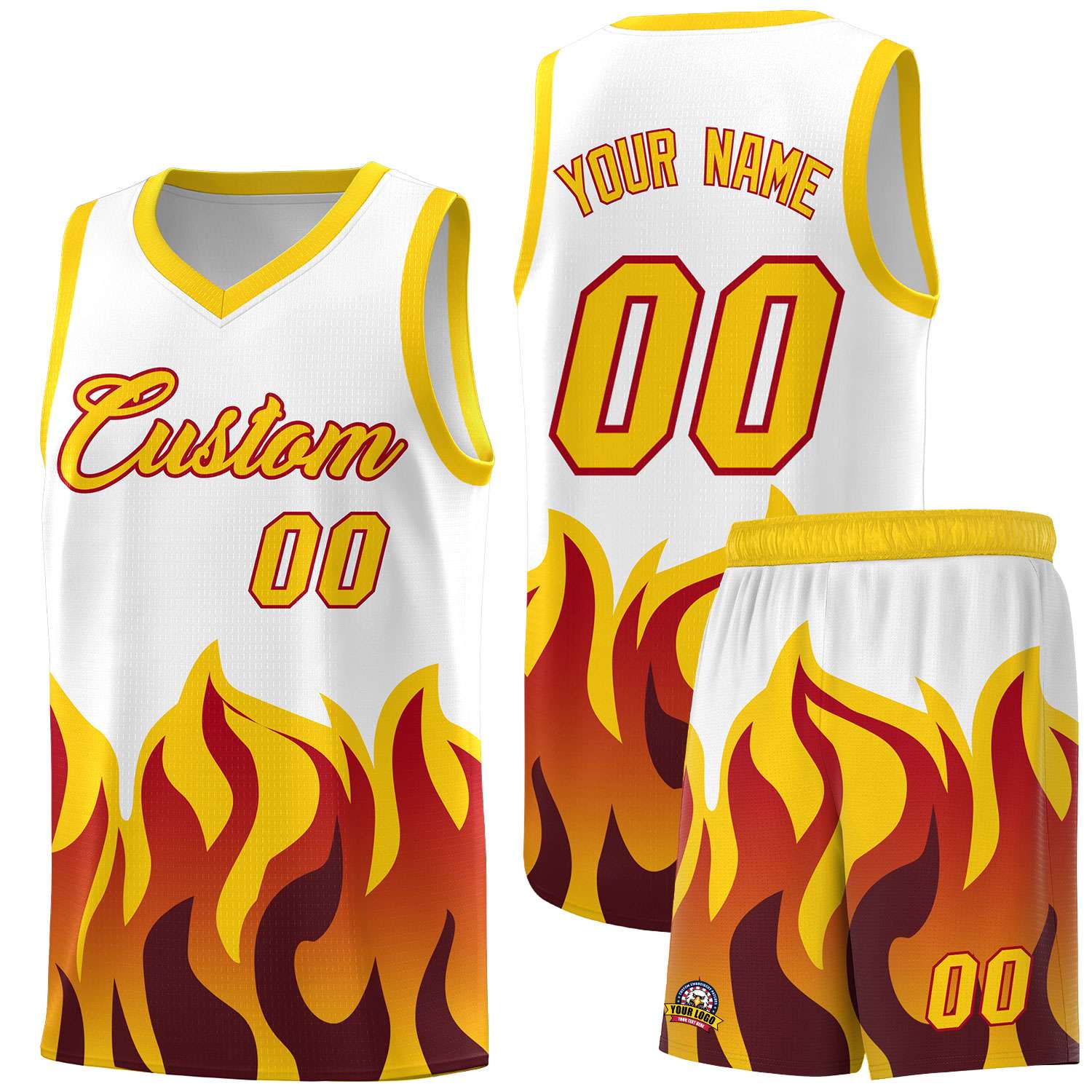 Custom White Gold Hem Flame Pattern Fashion Sports Uniform Basketball jersey