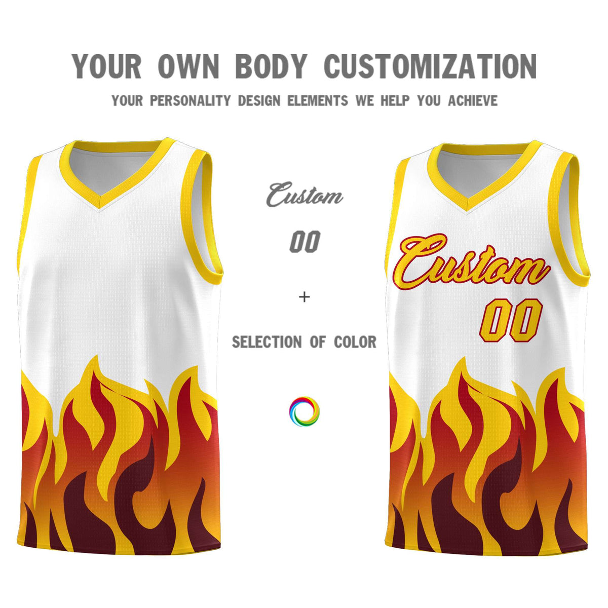 Custom White Gold Hem Flame Pattern Fashion Sports Uniform Basketball jersey