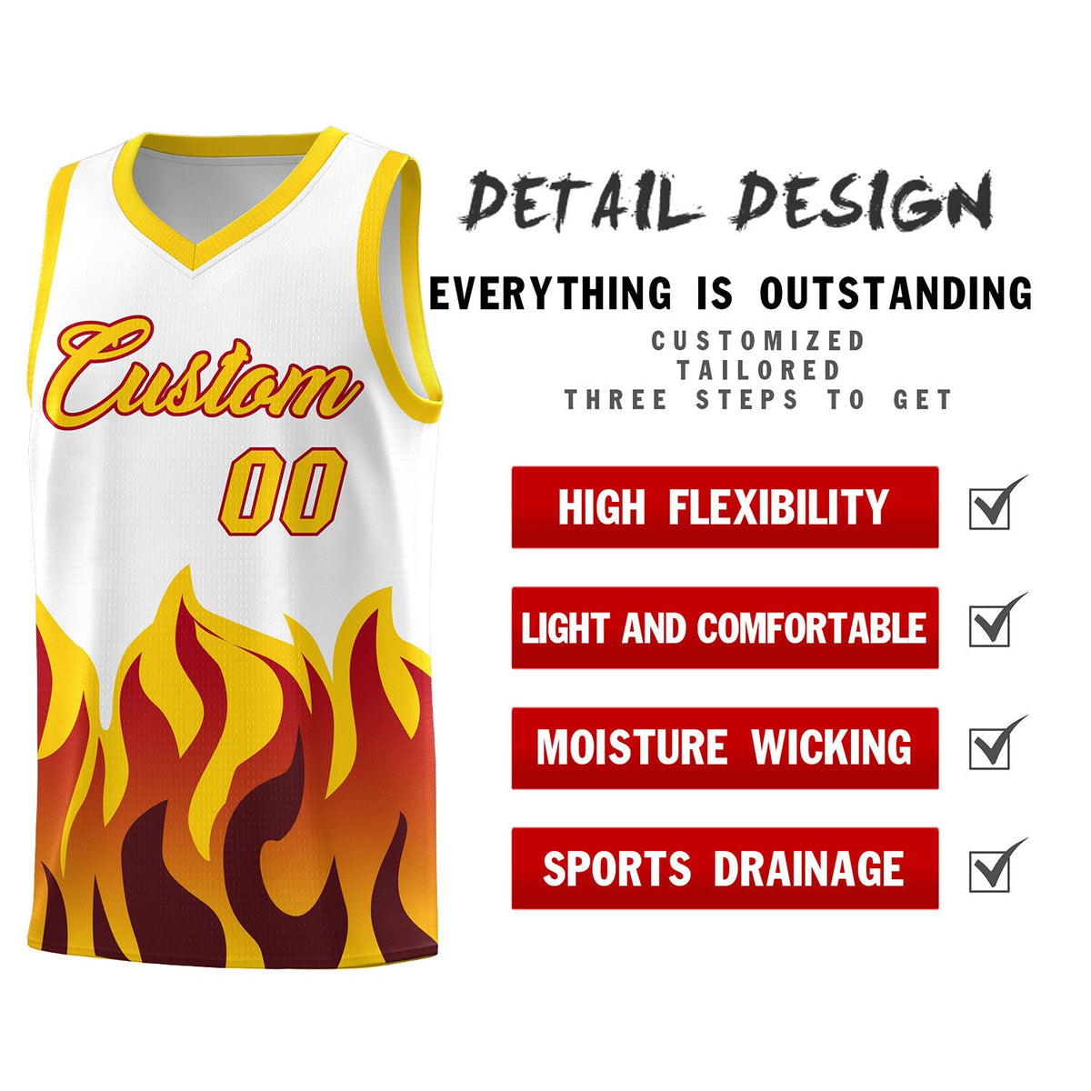 Custom White Gold Hem Flame Pattern Fashion Sports Uniform Basketball jersey