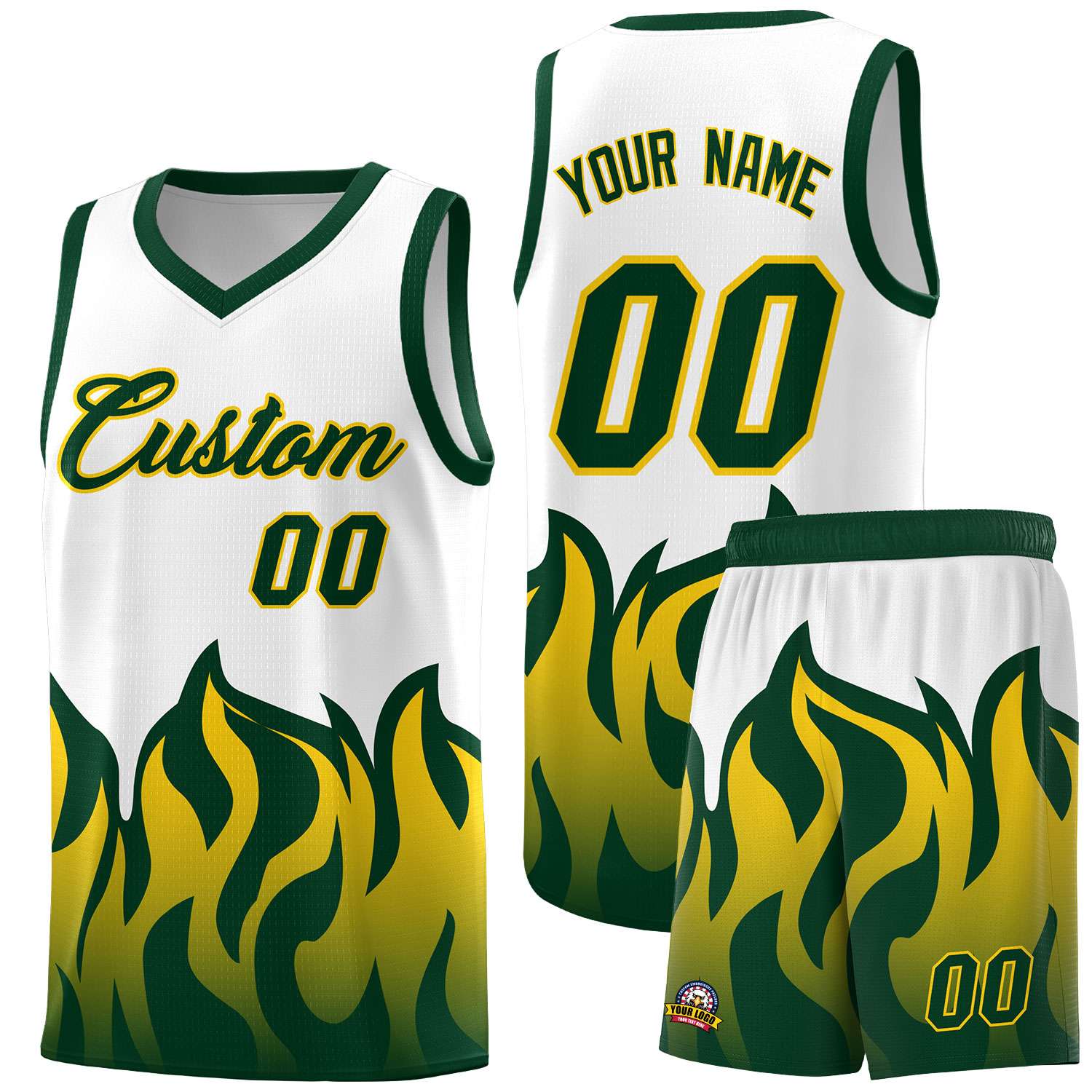 Custom White Hunter Green Hem Flame Pattern Fashion Sports Uniform Basketball jersey