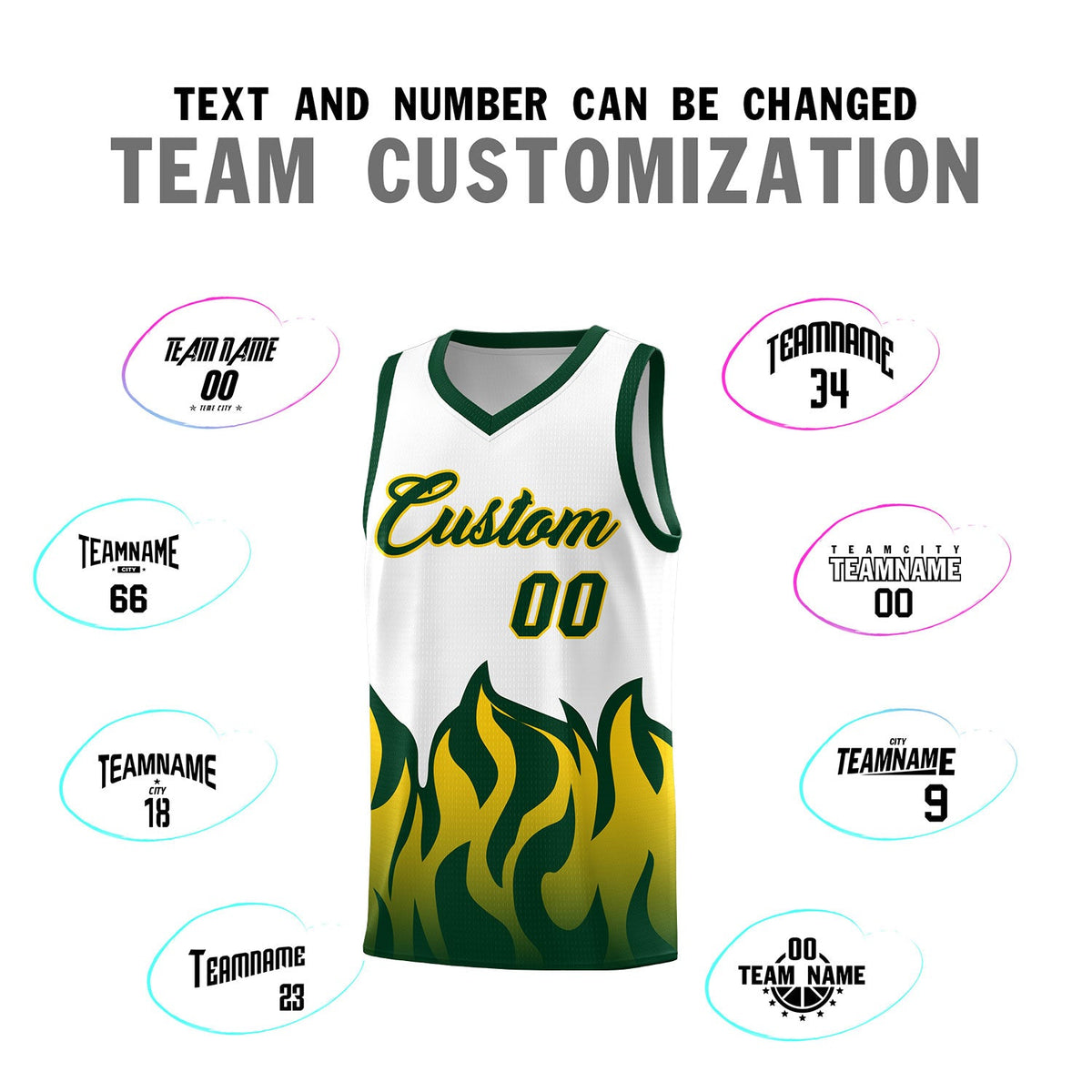 Custom White Hunter Green Hem Flame Pattern Fashion Sports Uniform Basketball jersey