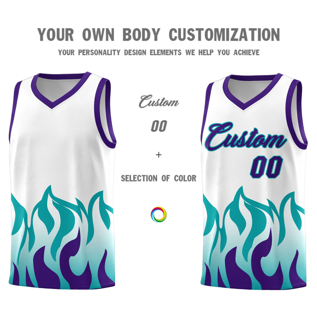 Custom White Aqua Hem Flame Pattern Fashion Sports Uniform Basketball jersey