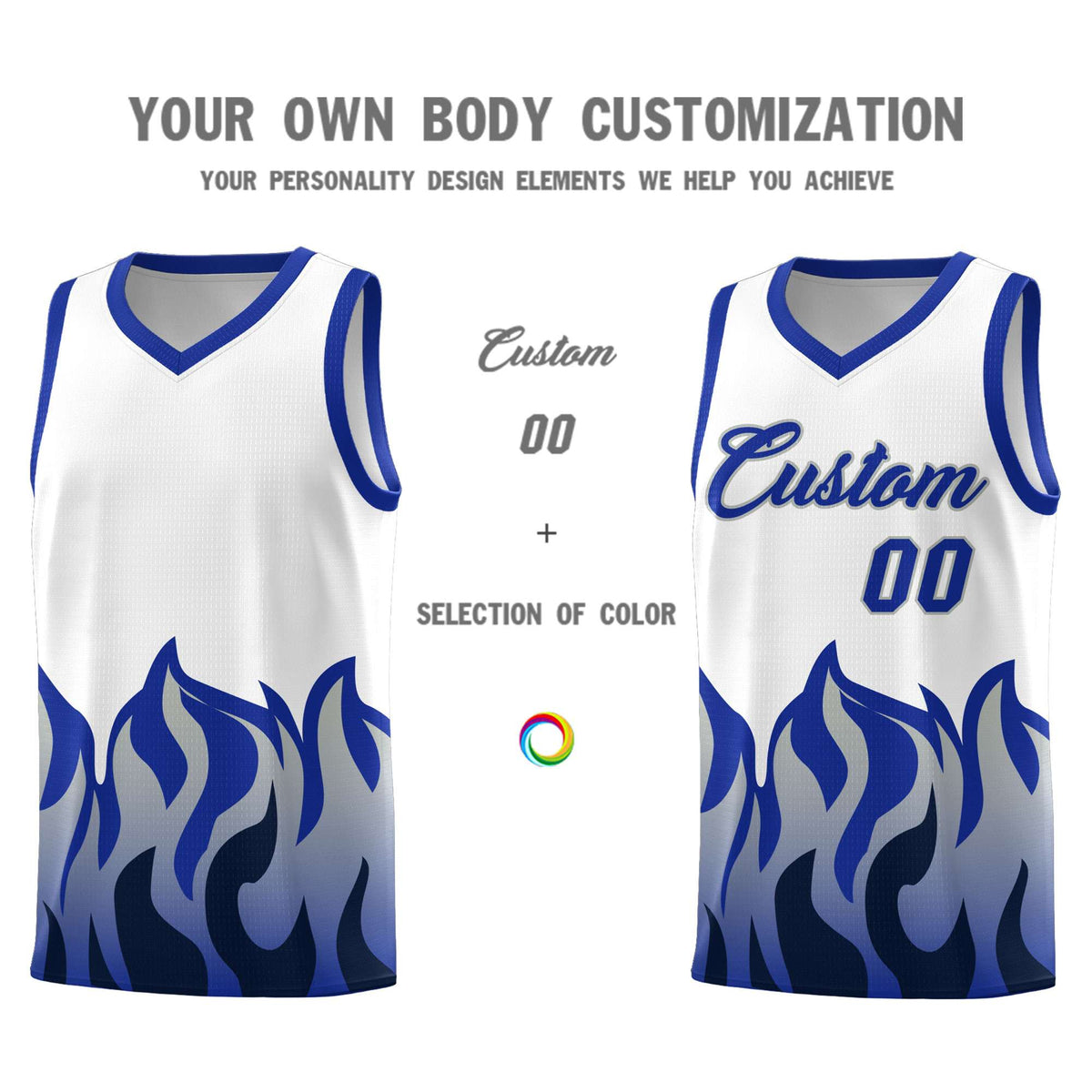 Custom White Royal Hem Flame Pattern Fashion Sports Uniform Basketball jersey