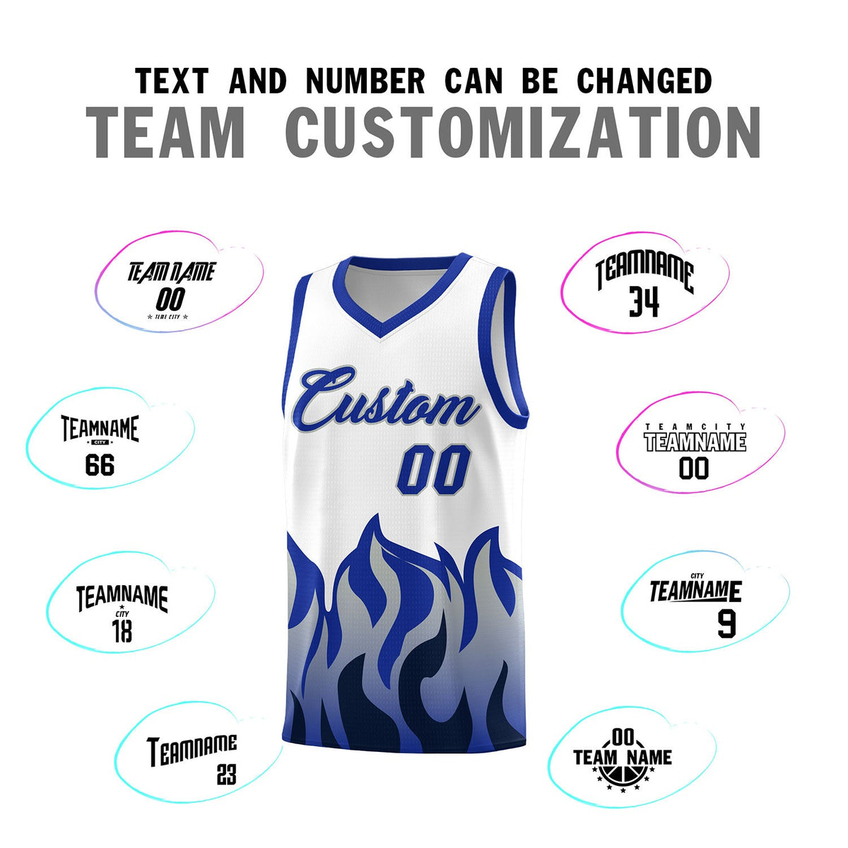 Custom White Royal Hem Flame Pattern Fashion Sports Uniform Basketball jersey