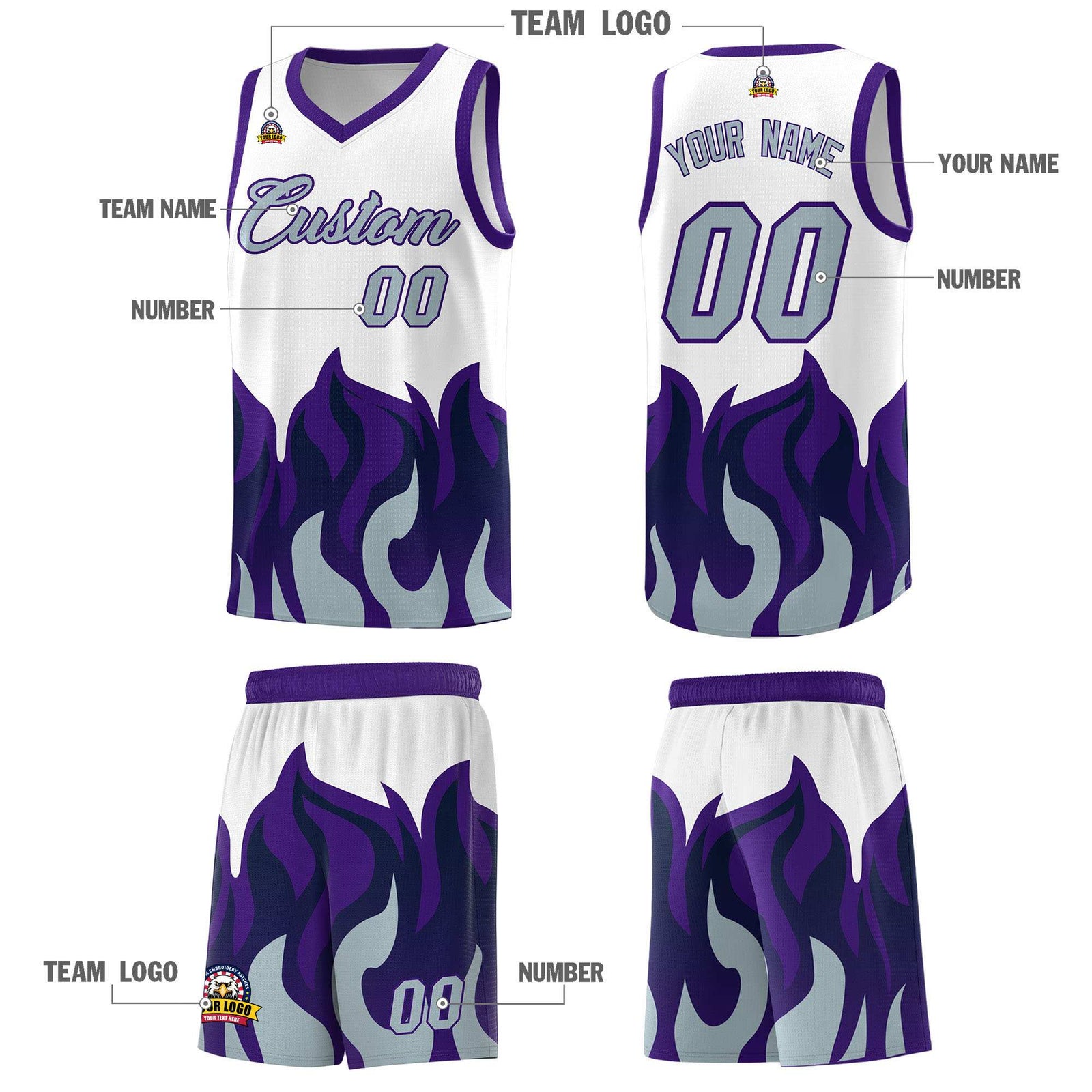 Custom White Purple Hem Flame Pattern Fashion Sports Uniform Basketball jersey