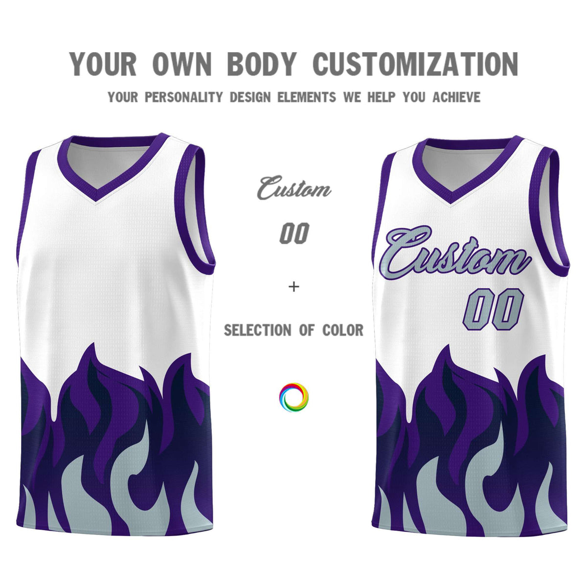 Custom White Purple Hem Flame Pattern Fashion Sports Uniform Basketball jersey