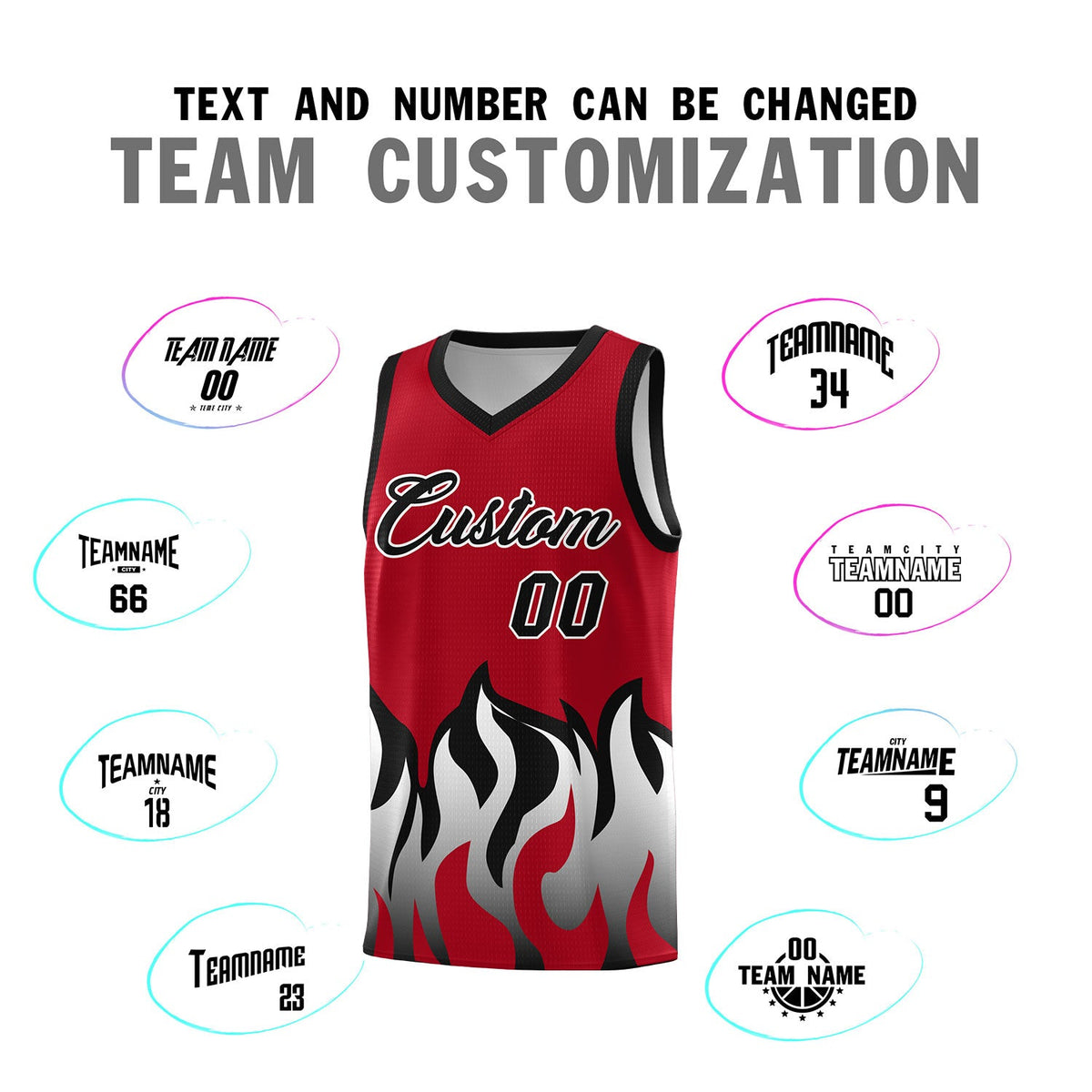 Custom Red Black Hem Flame Pattern Fashion Sports Uniform Basketball jersey