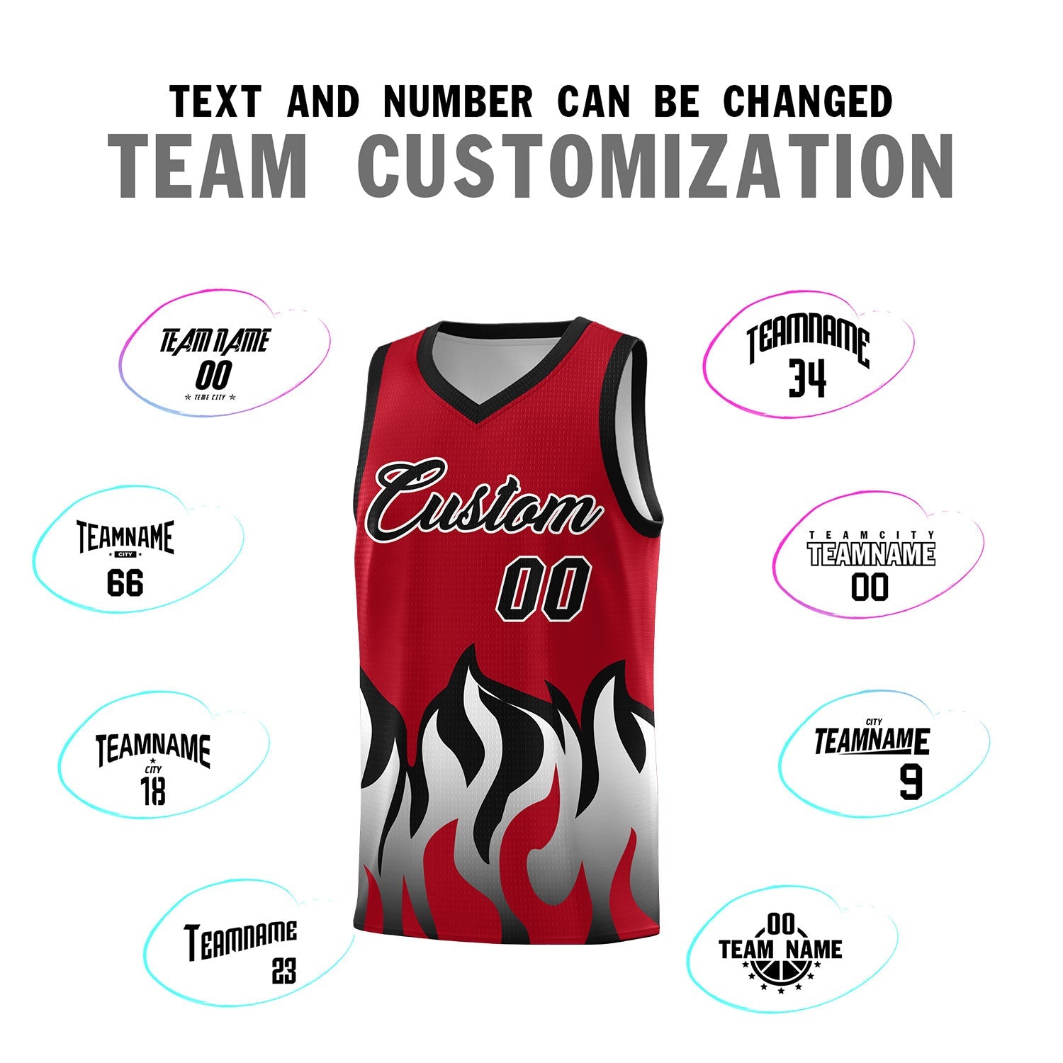 Custom Red Black Hem Flame Pattern Fashion Sports Uniform Basketball jersey