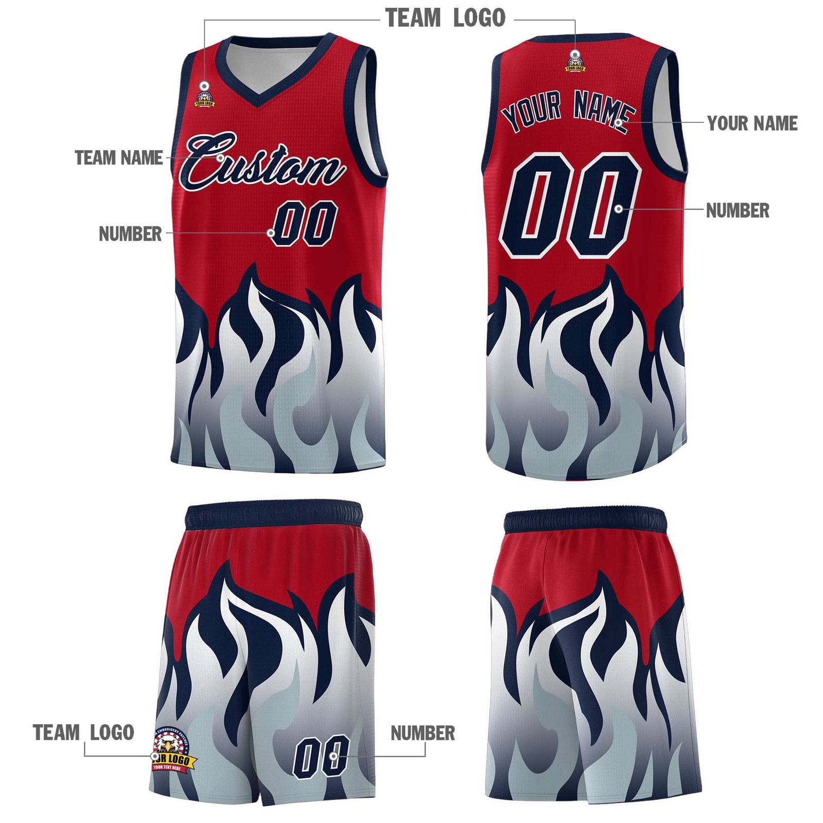 Custom Red Navy Hem Flame Pattern Fashion Sports Uniform Basketball jersey