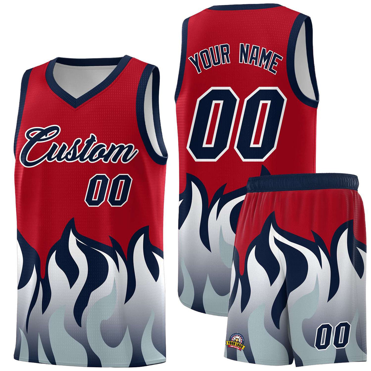 Custom Red Navy Hem Flame Pattern Fashion Sports Uniform Basketball jersey