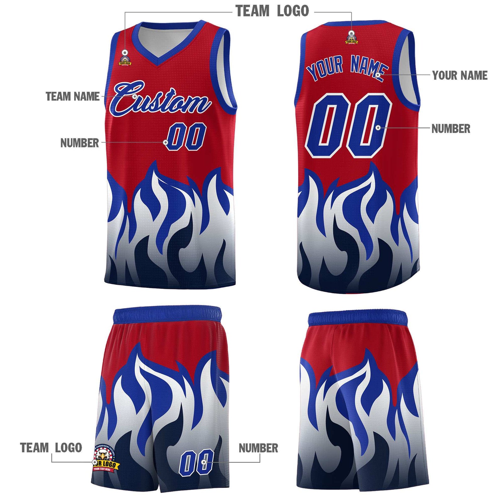 Custom Red Royal Hem Flame Pattern Fashion Sports Uniform Basketball jersey