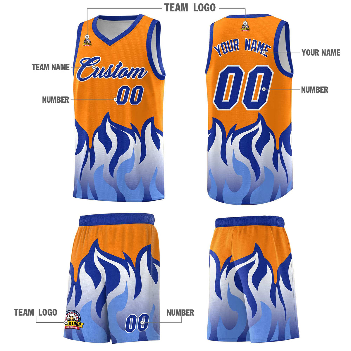 Custom Orange Royal Hem Flame Pattern Fashion Sports Uniform Basketball jersey