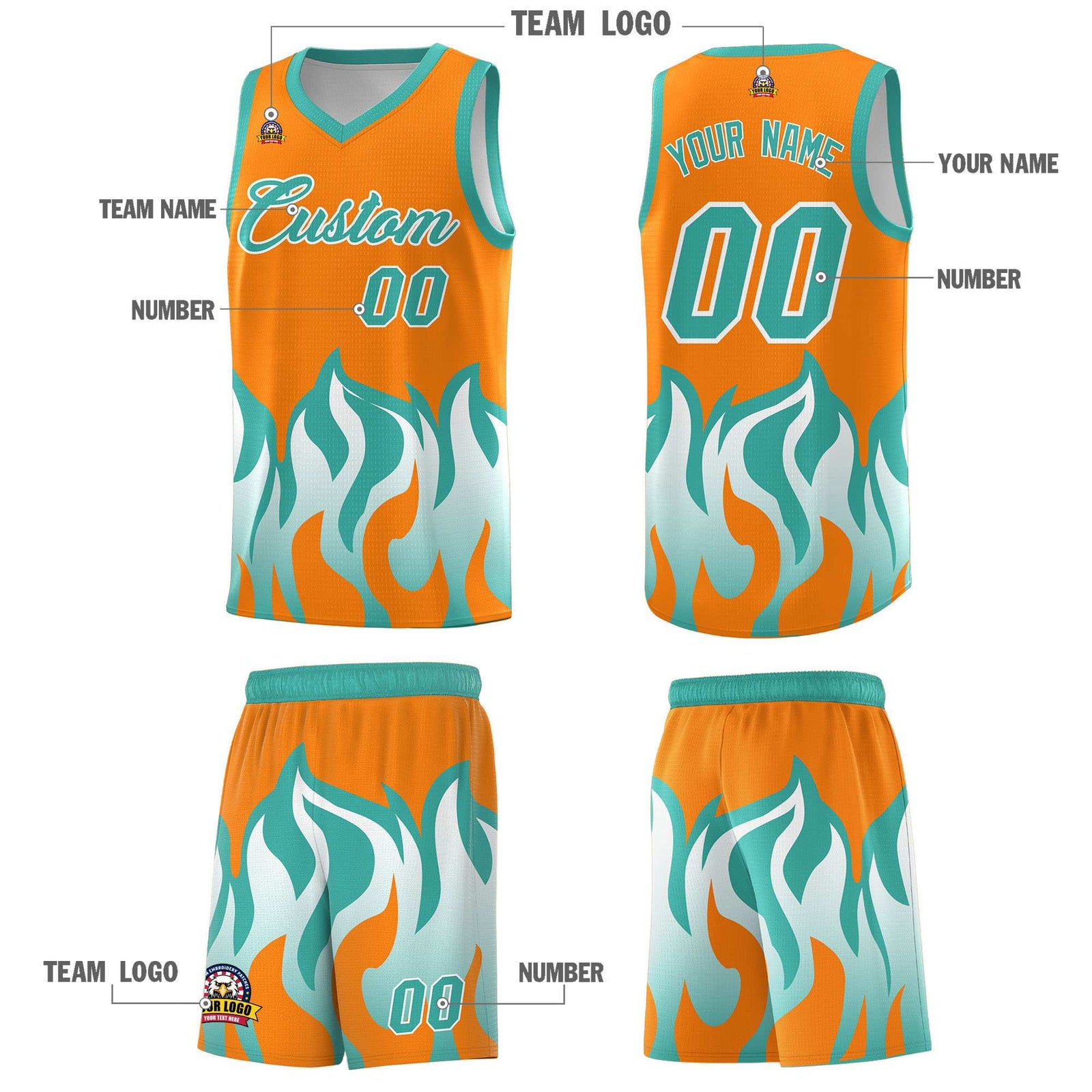 Custom Orange Bright Green Hem Flame Pattern Fashion Sports Uniform Basketball jersey
